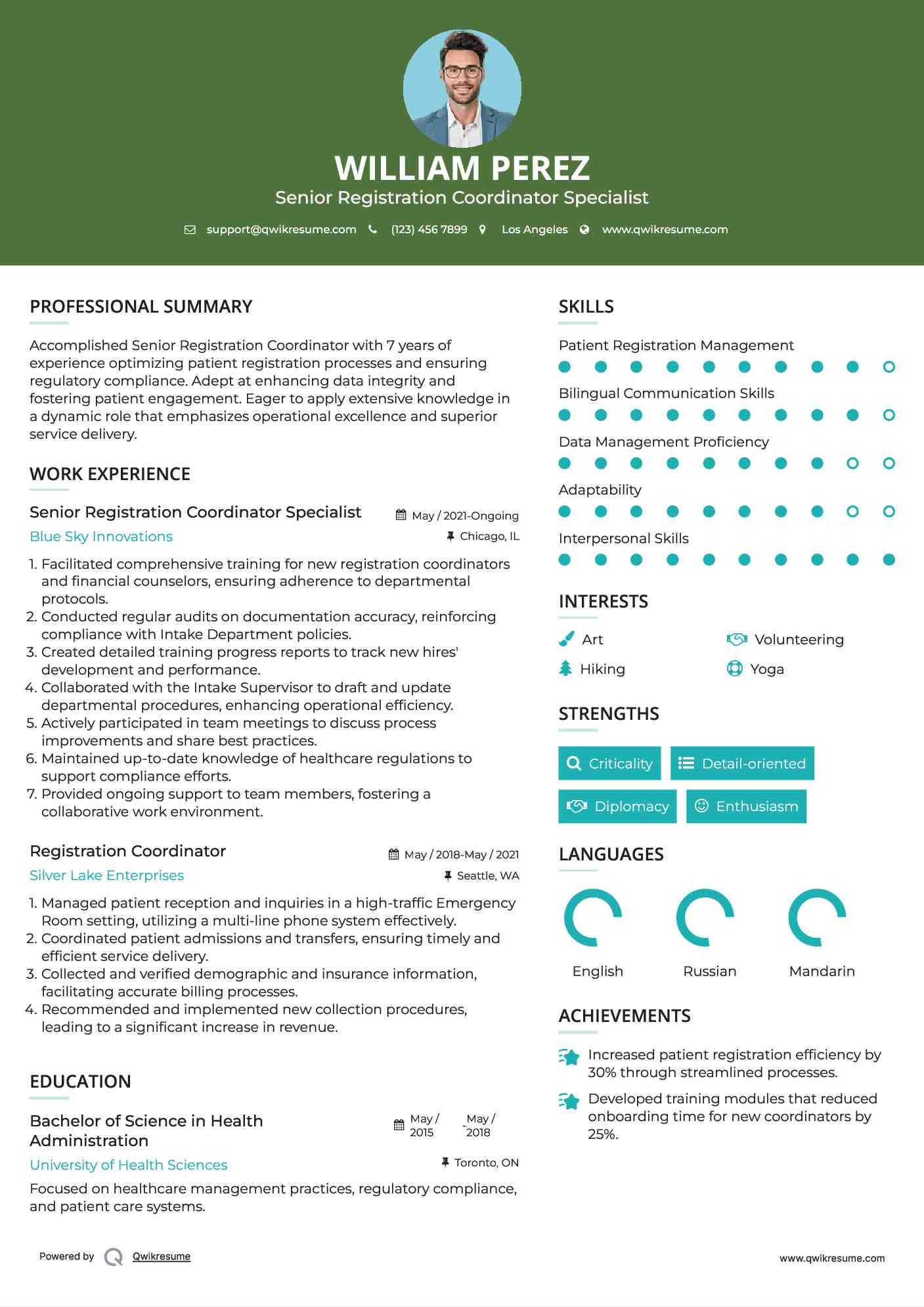 Senior Registration Coordinator Specialist Resume Sample