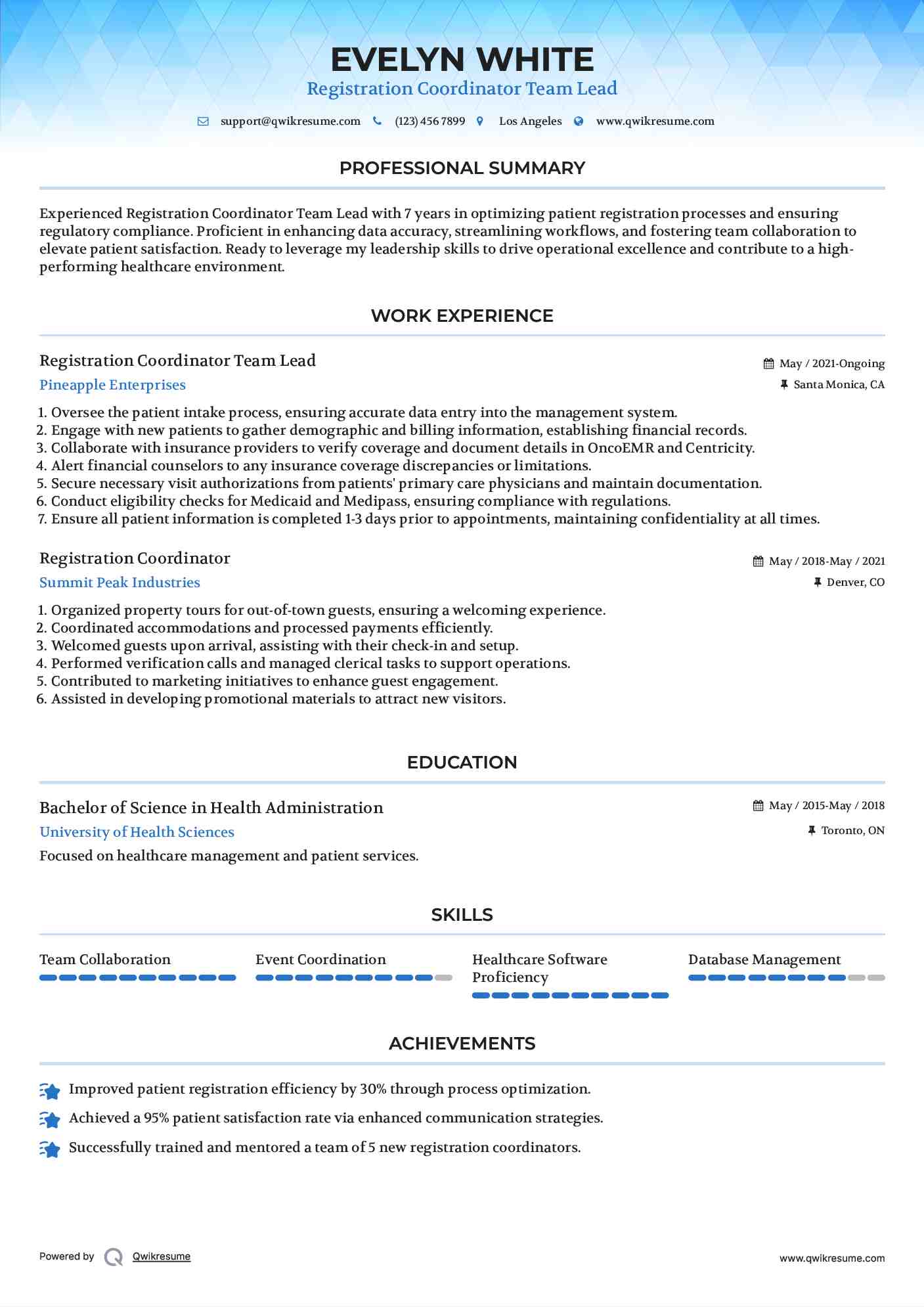 Registration Coordinator Team Lead Resume Model