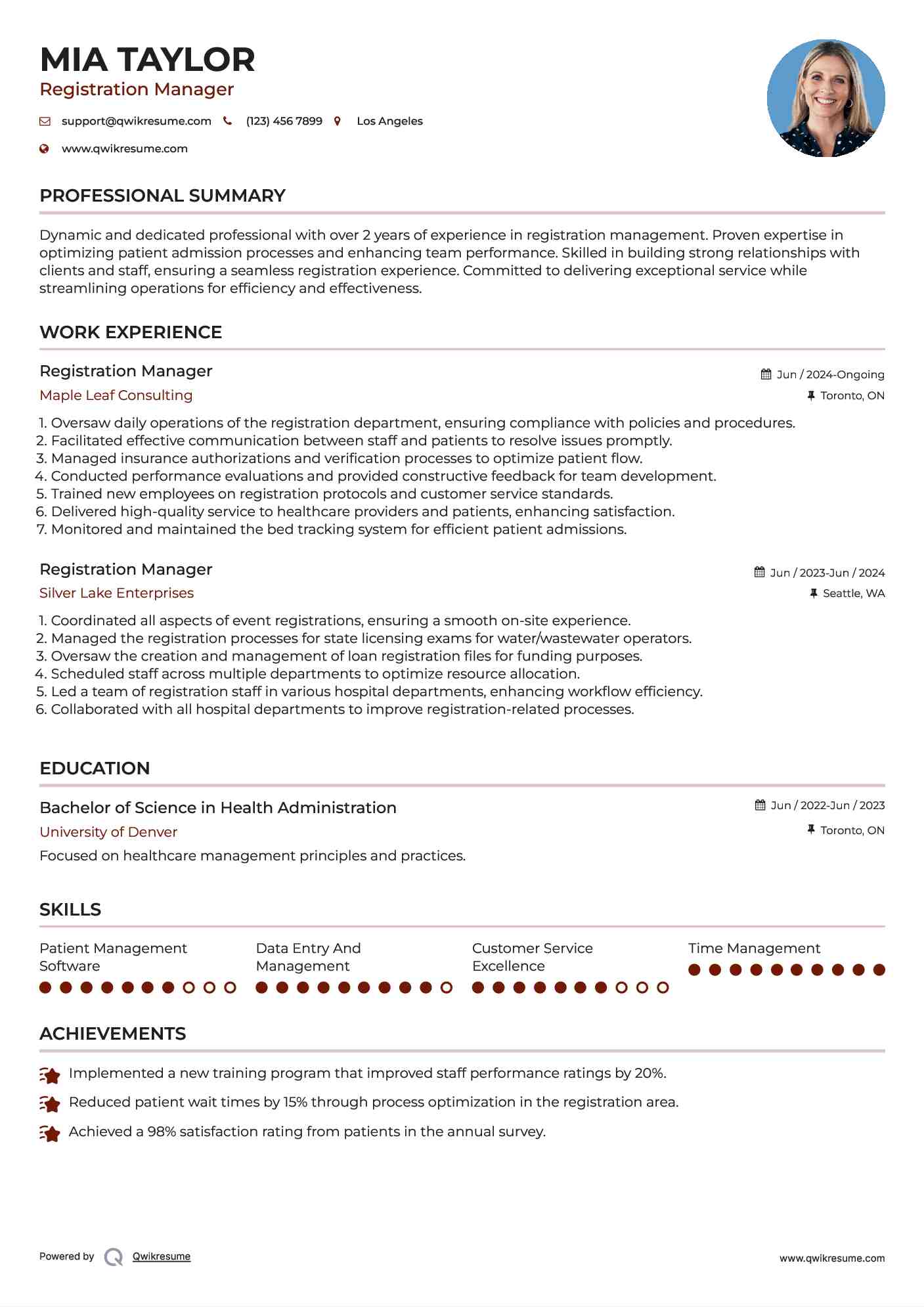 Registration Manager Resume Format