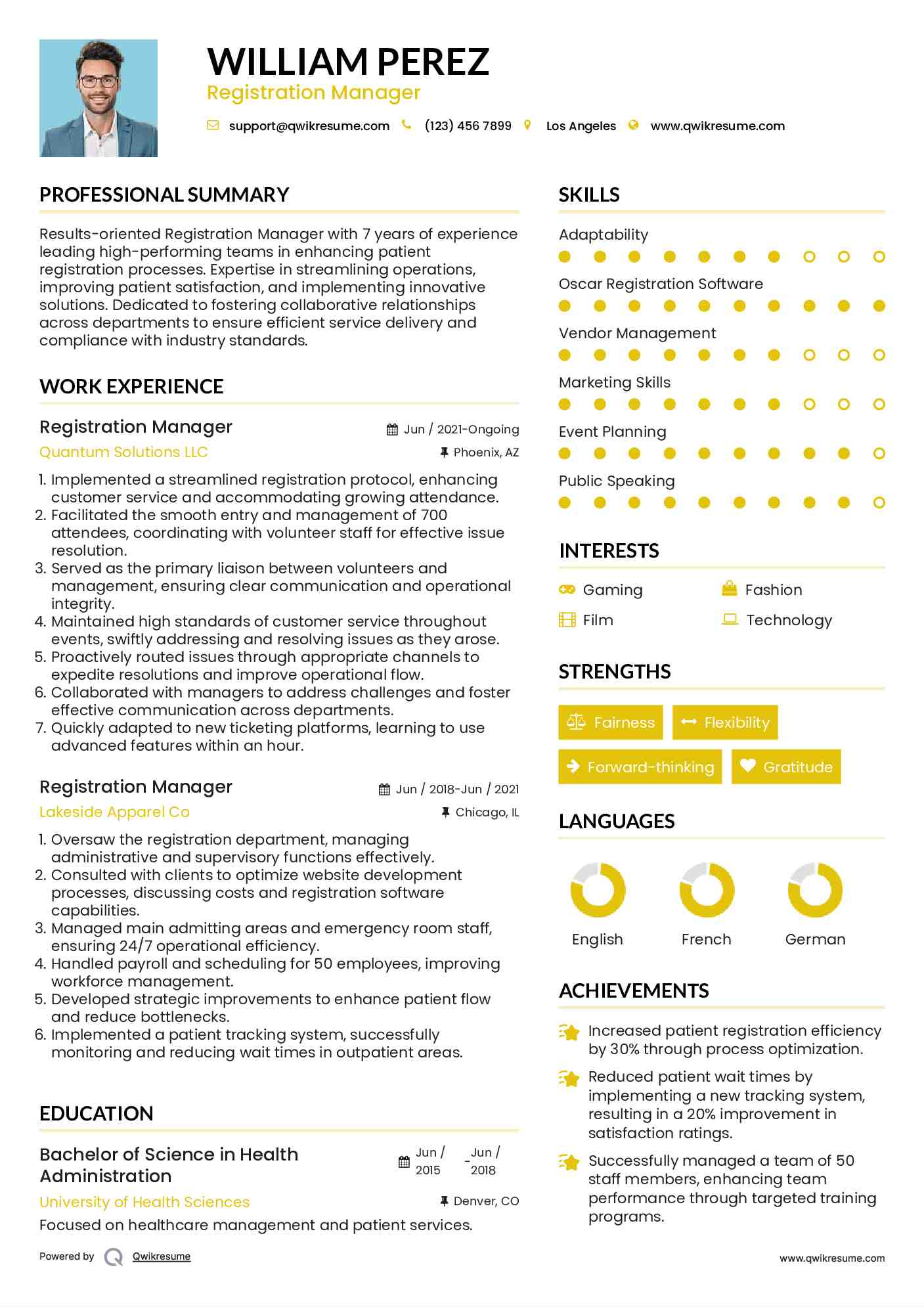 Registration Manager Resume Template
