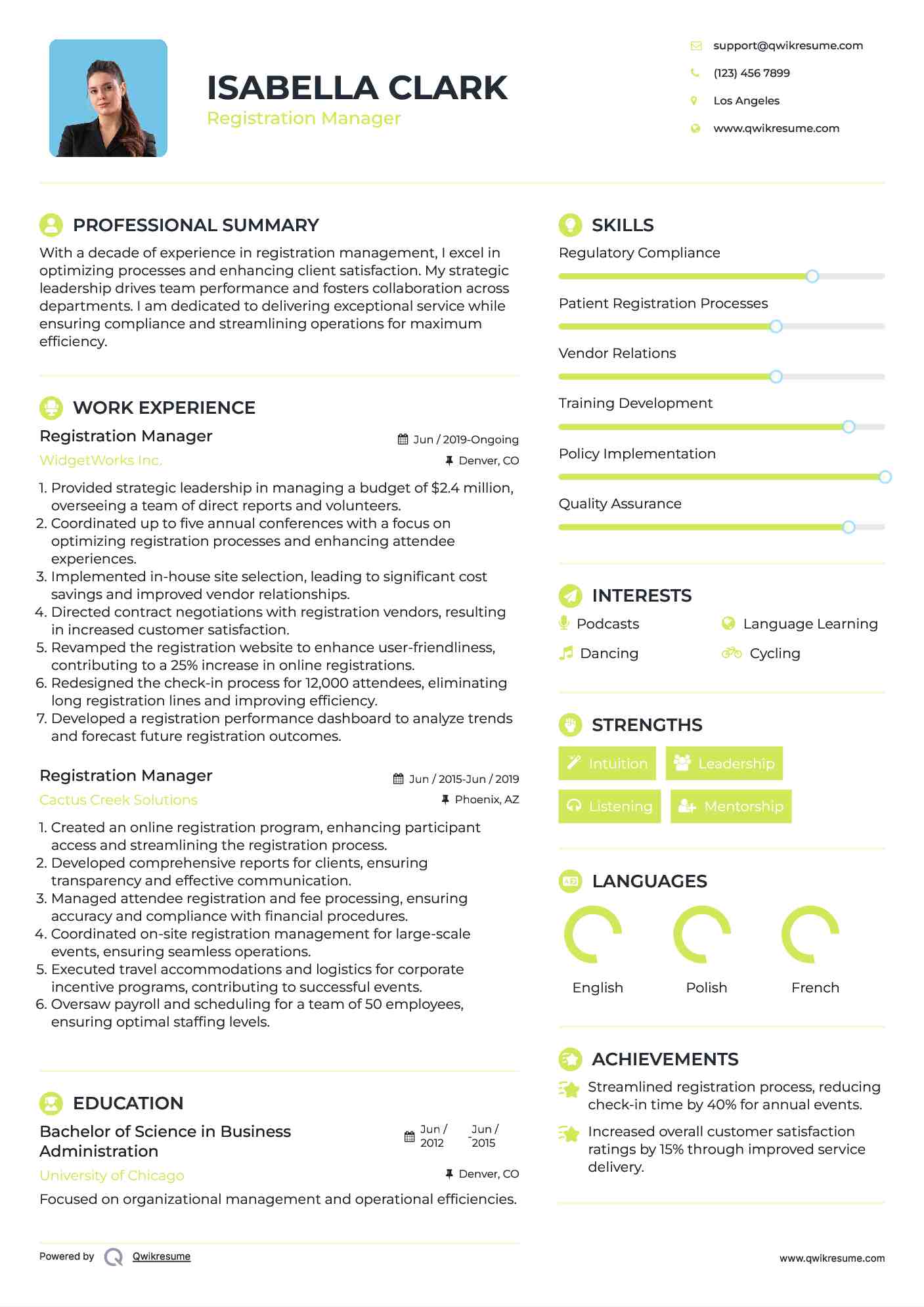 Registration Manager Resume Example
