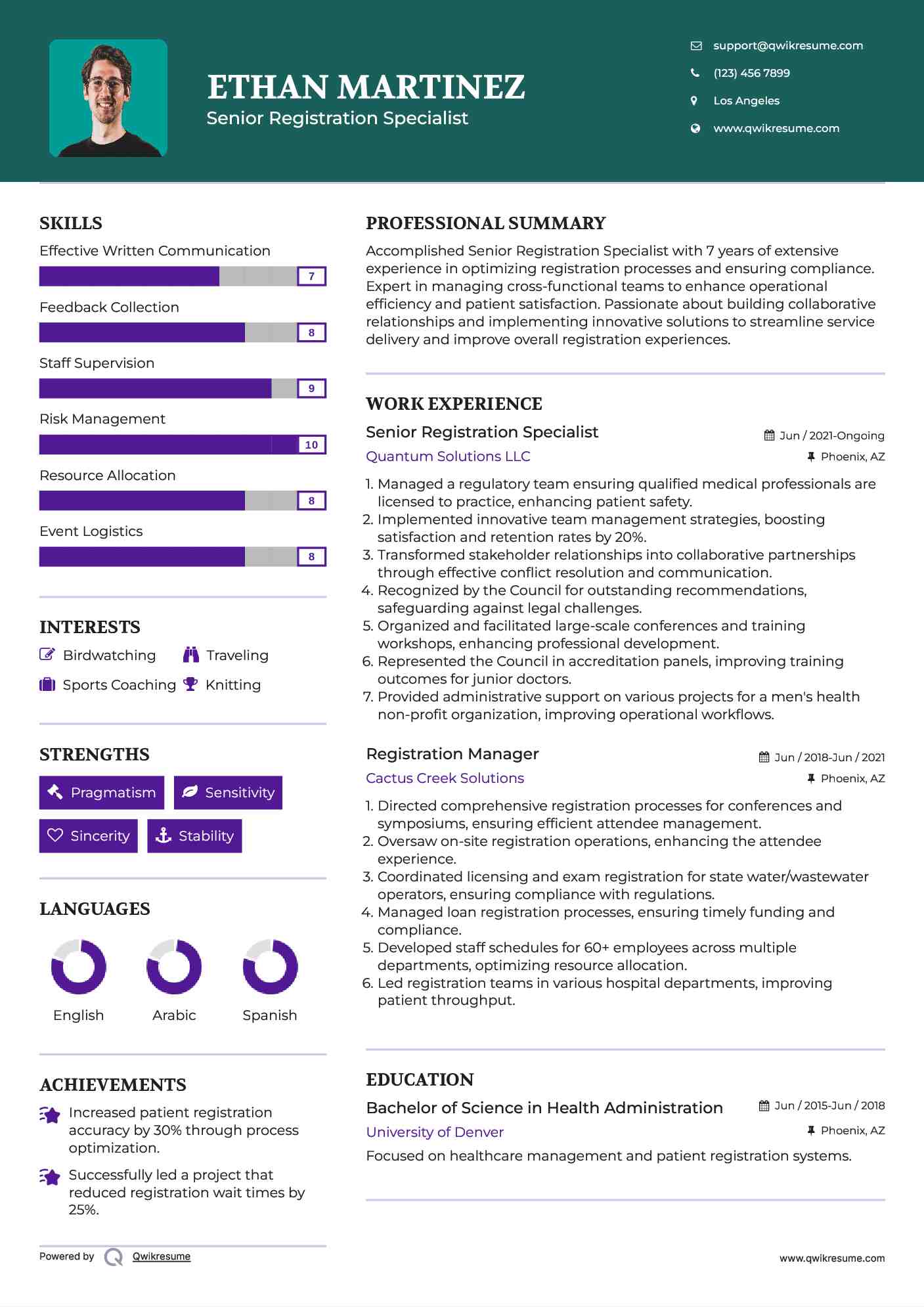 Senior Registration Specialist Resume Sample