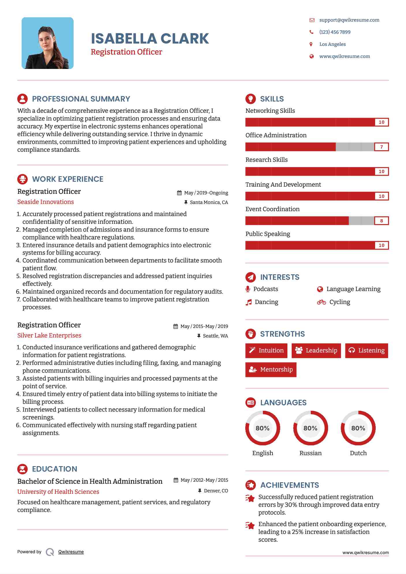 Registration Officer Resume Template