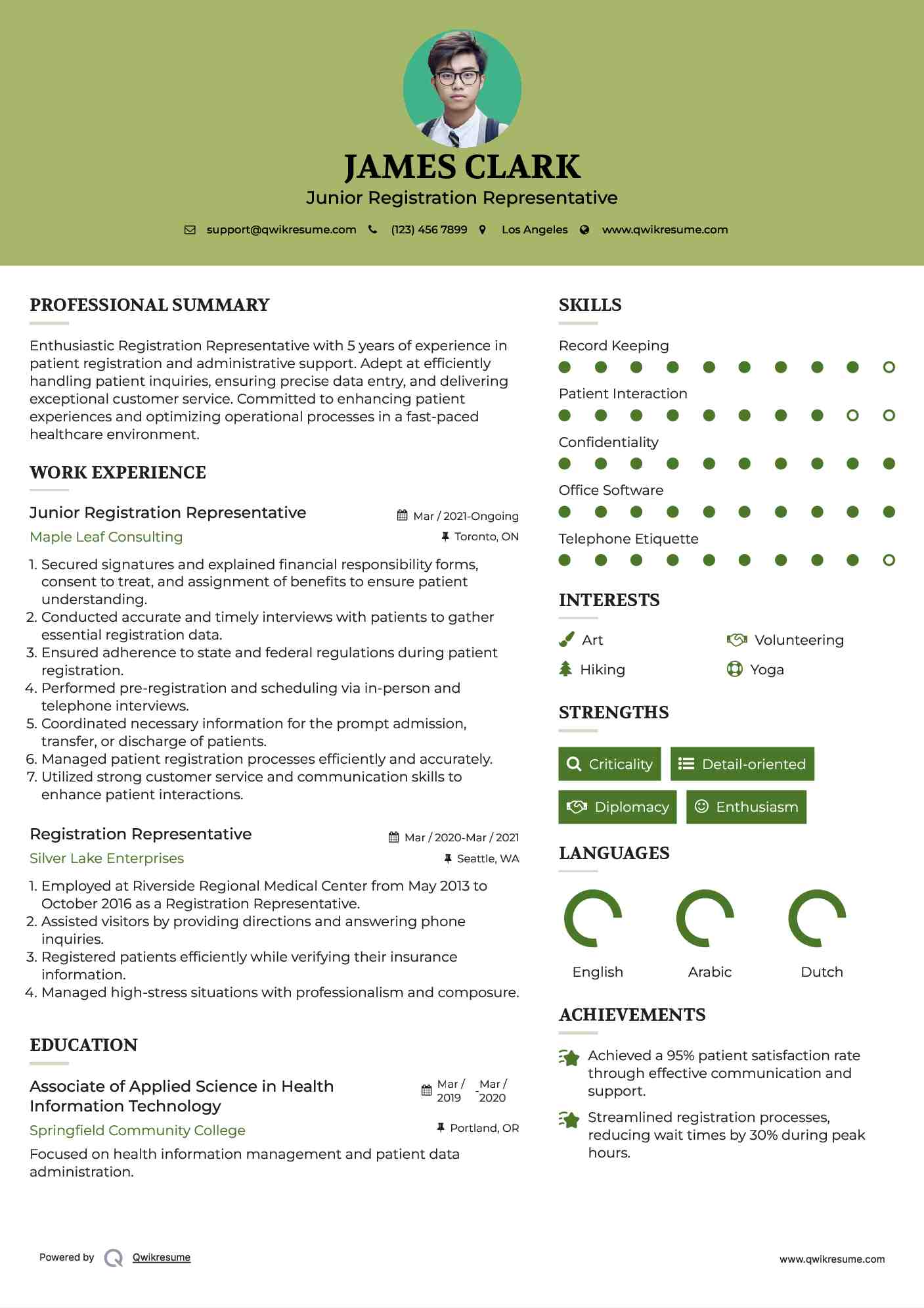 Junior Registration Representative Resume Format
