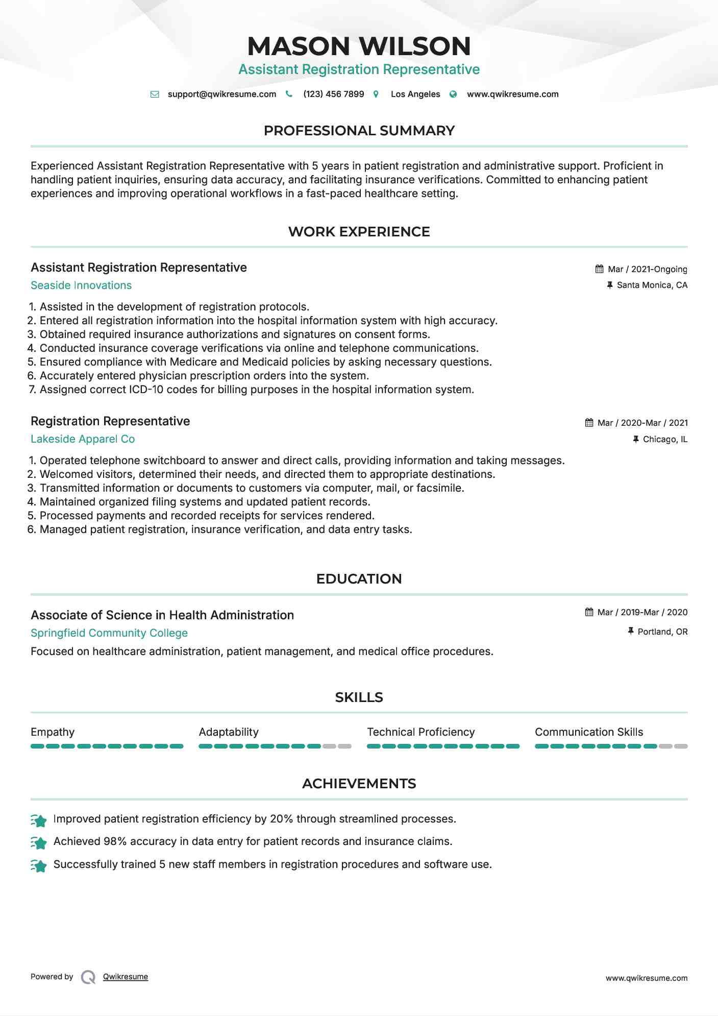 Assistant Registration Representative Resume Model