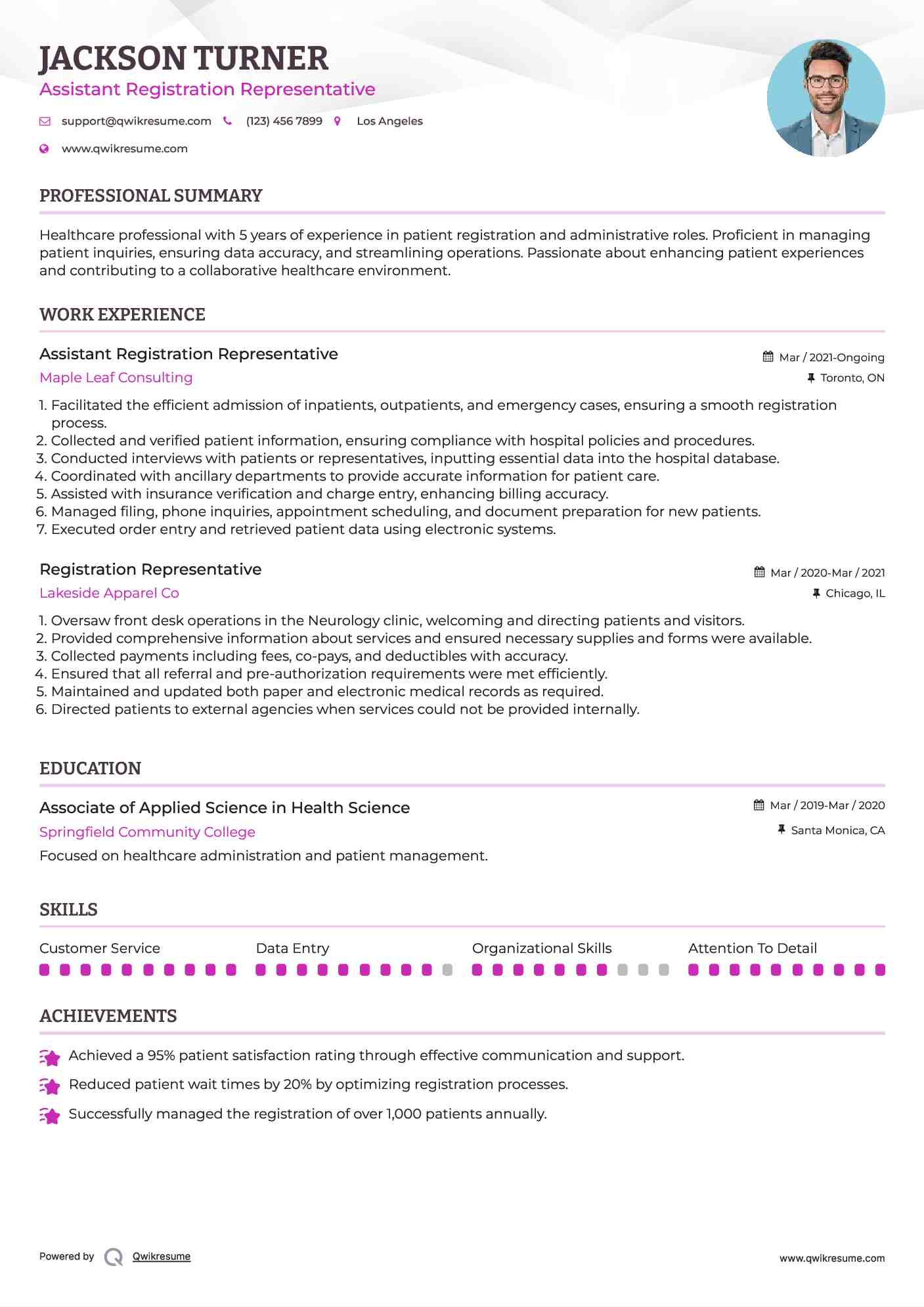 Assistant Registration Representative Resume Model