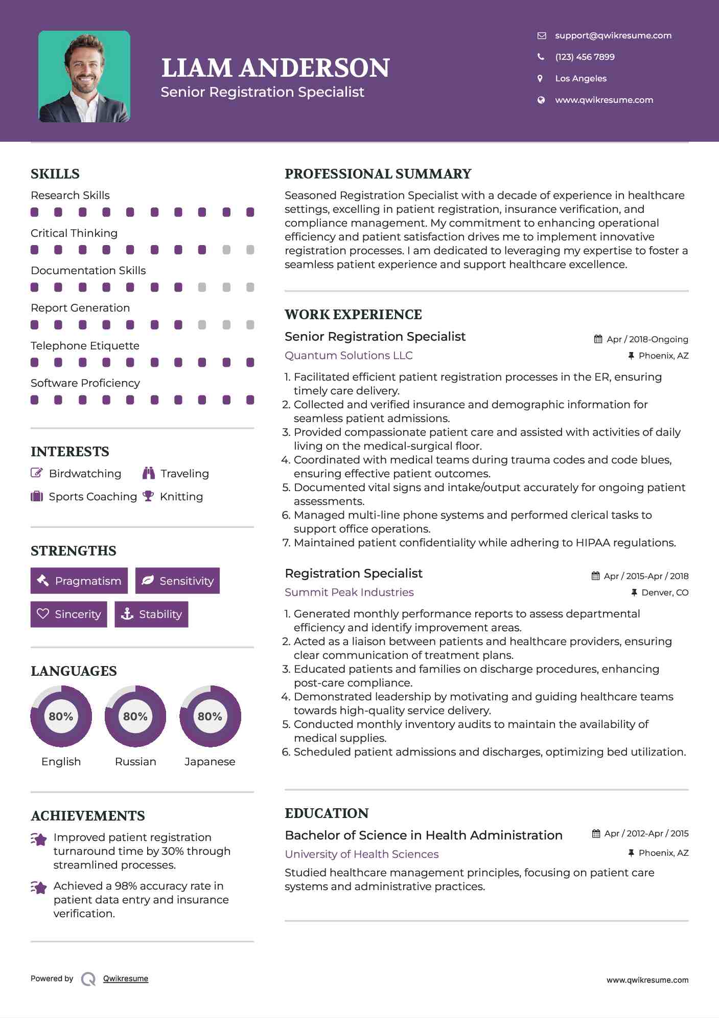 Senior Registration Specialist Resume Model