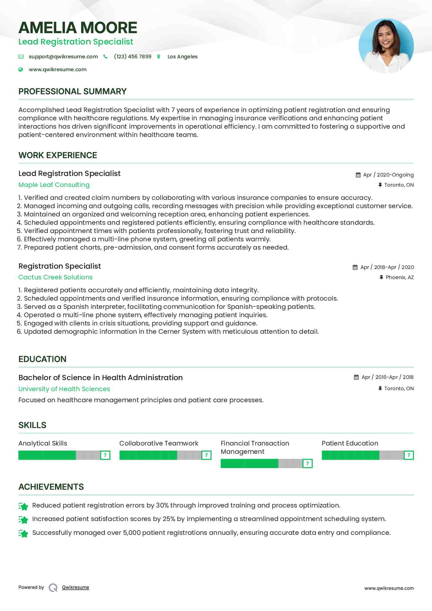 Lead Registration Specialist Resume Sample