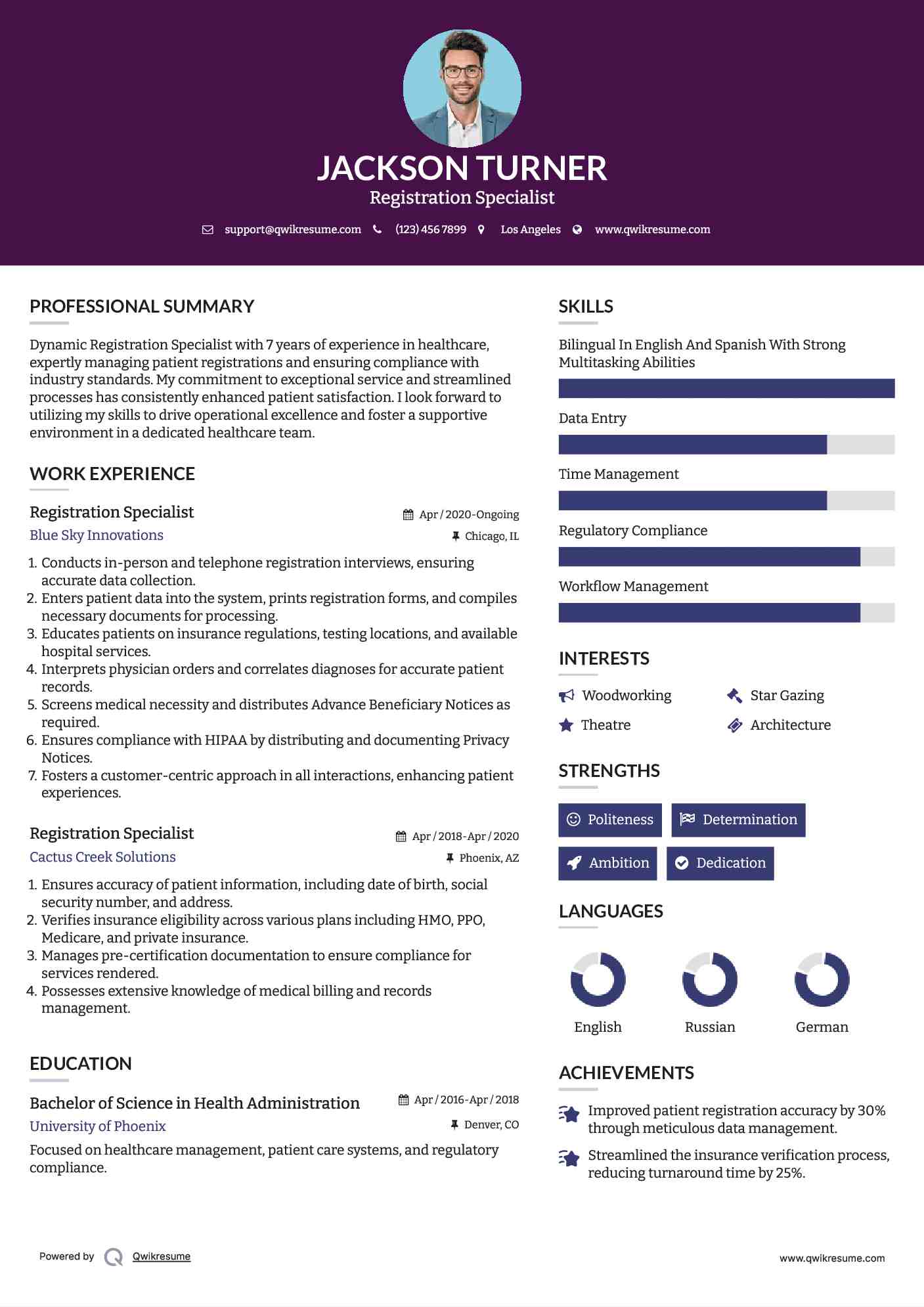 Registration Specialist Resume Sample