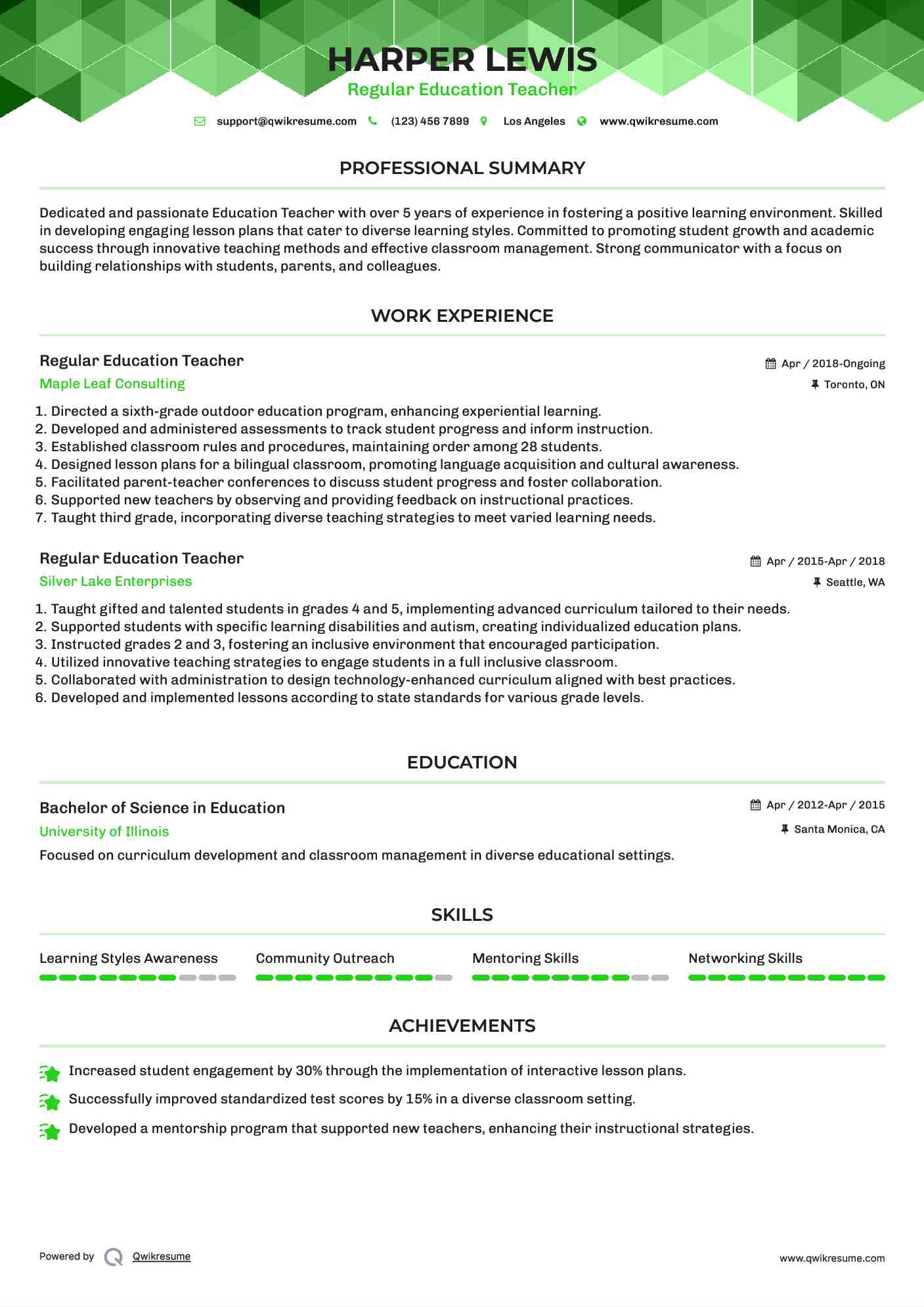 Regular Education Teacher Resume Template