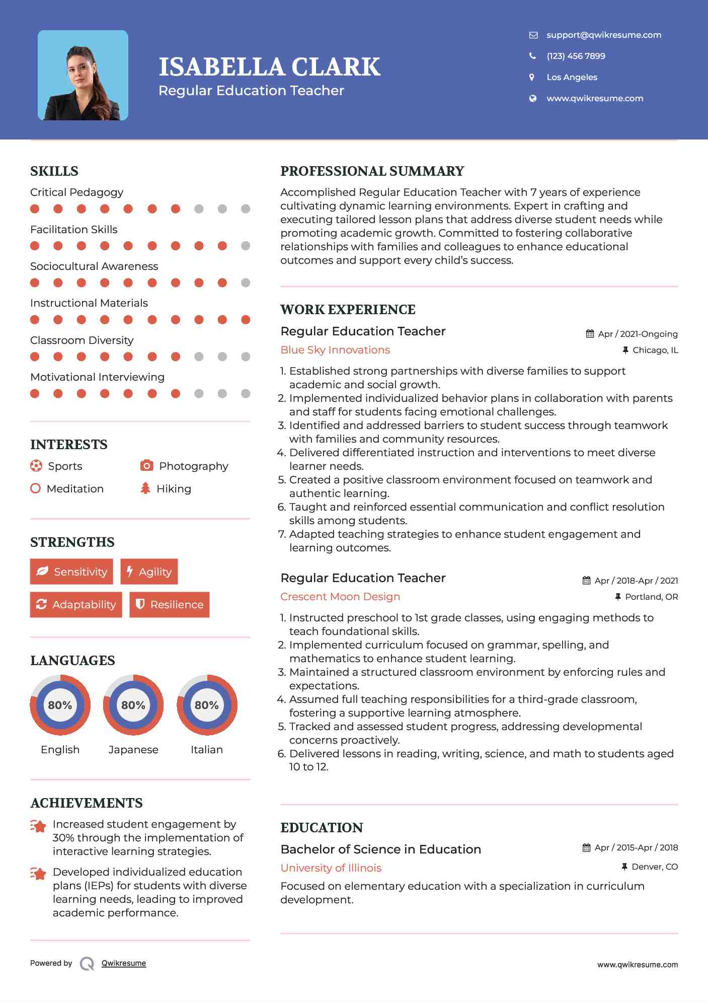 Regular Education Teacher Resume Model