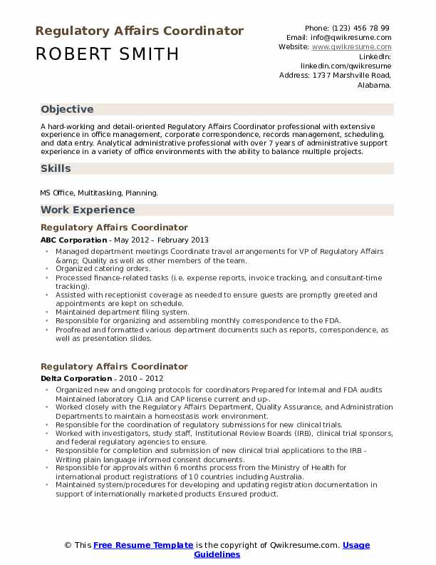 Regulatory Affairs Coordinator Resume Samples QwikResume