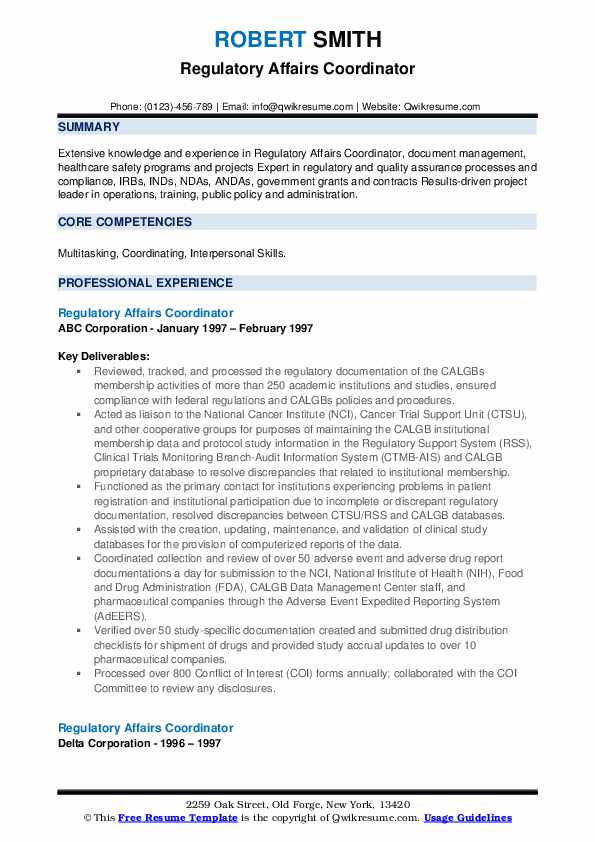 Regulatory Affairs Coordinator Resume Samples QwikResume