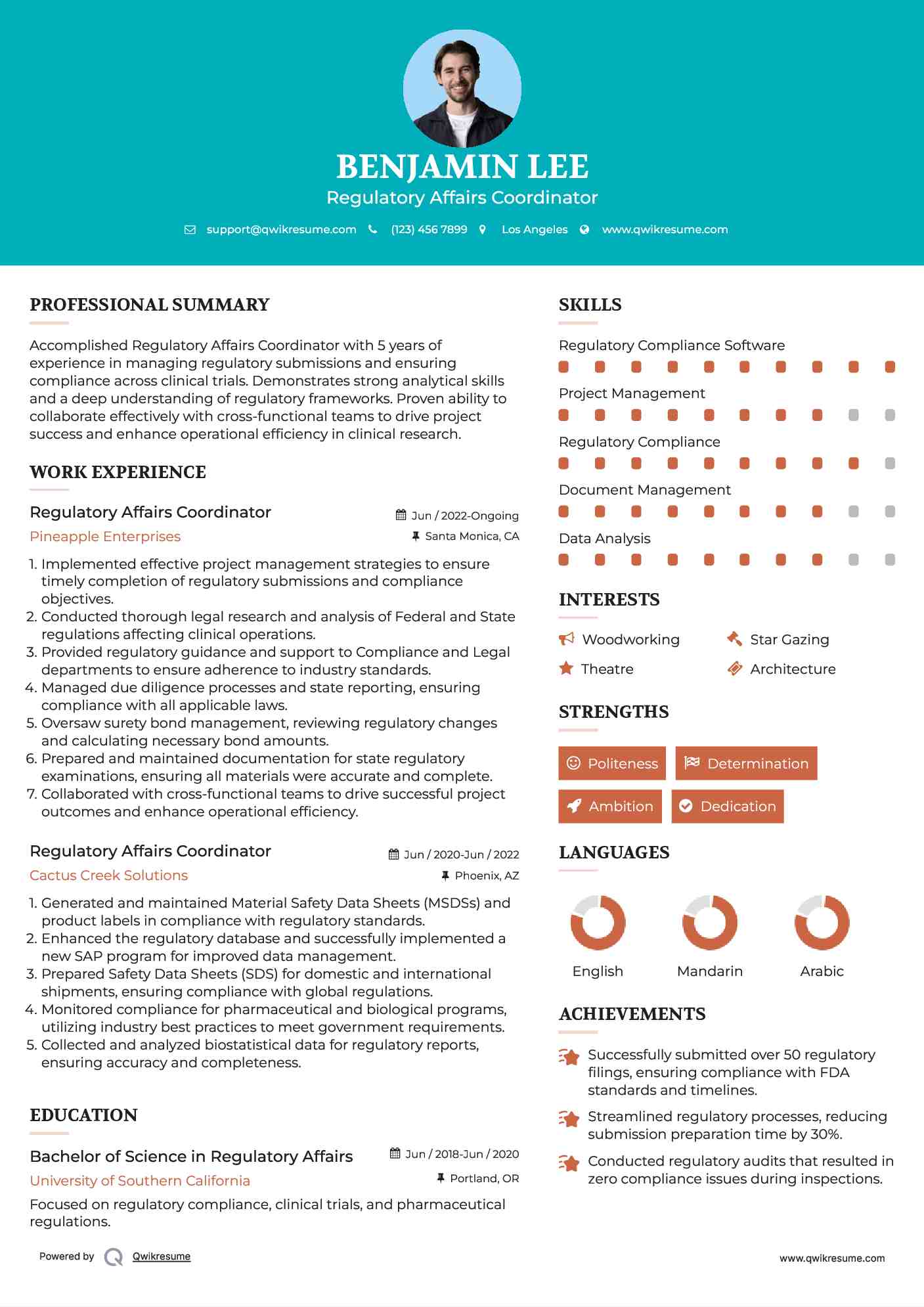 Regulatory Affairs Coordinator Resume Model