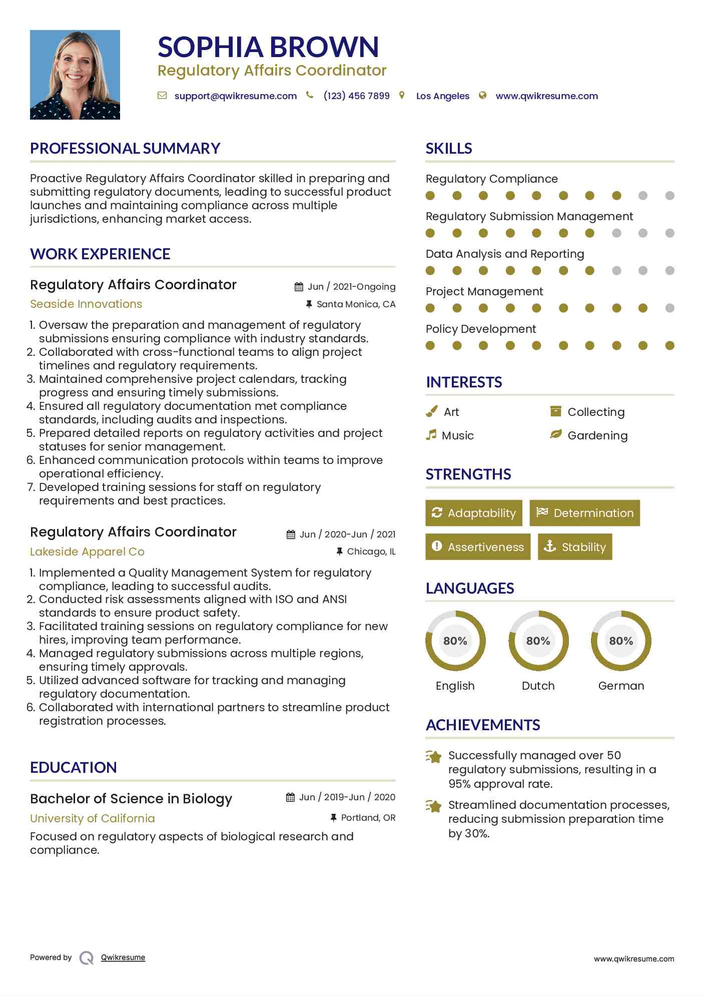 Regulatory Affairs Coordinator Resume Sample