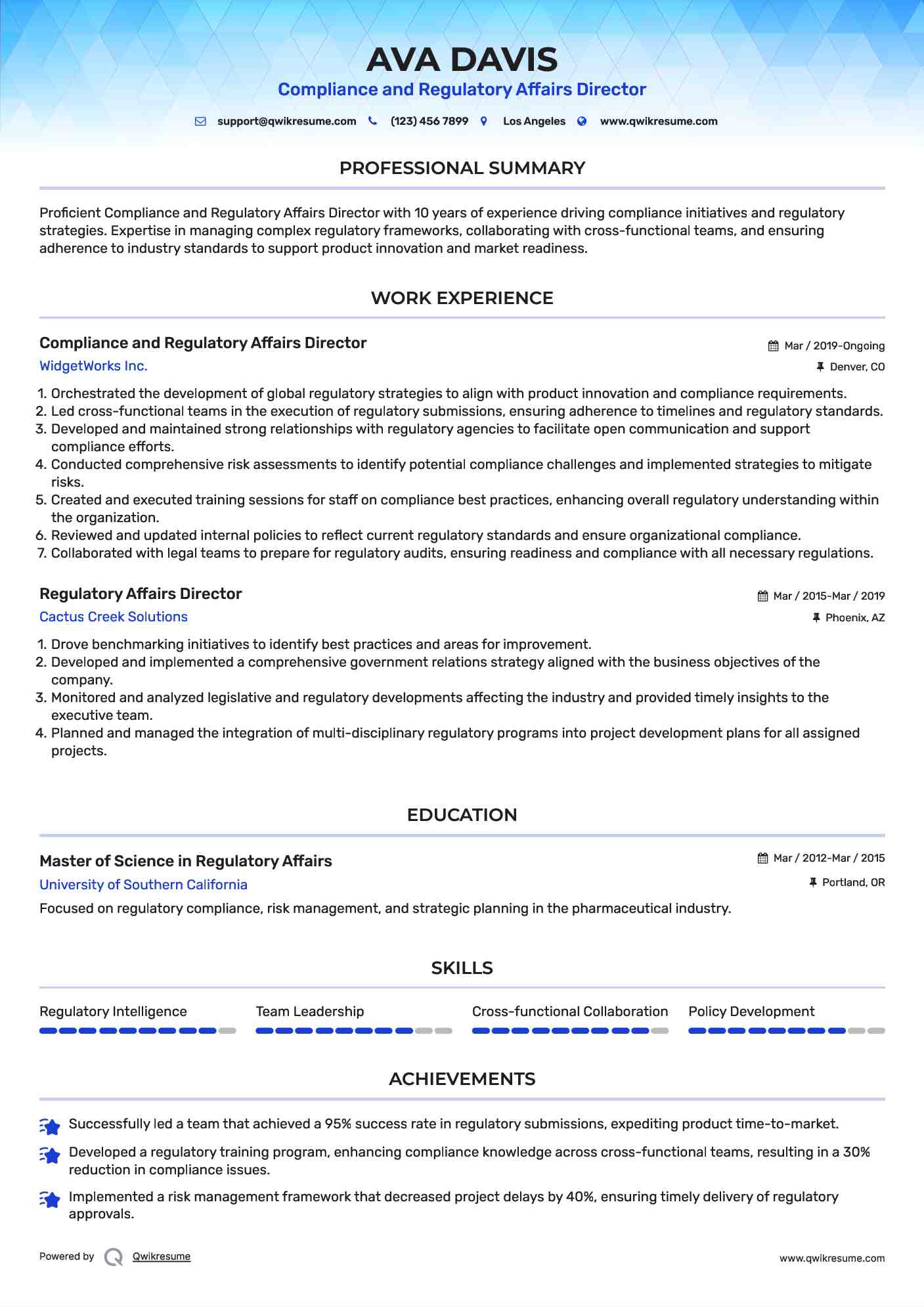 Compliance and Regulatory Affairs Director

 Resume Sample