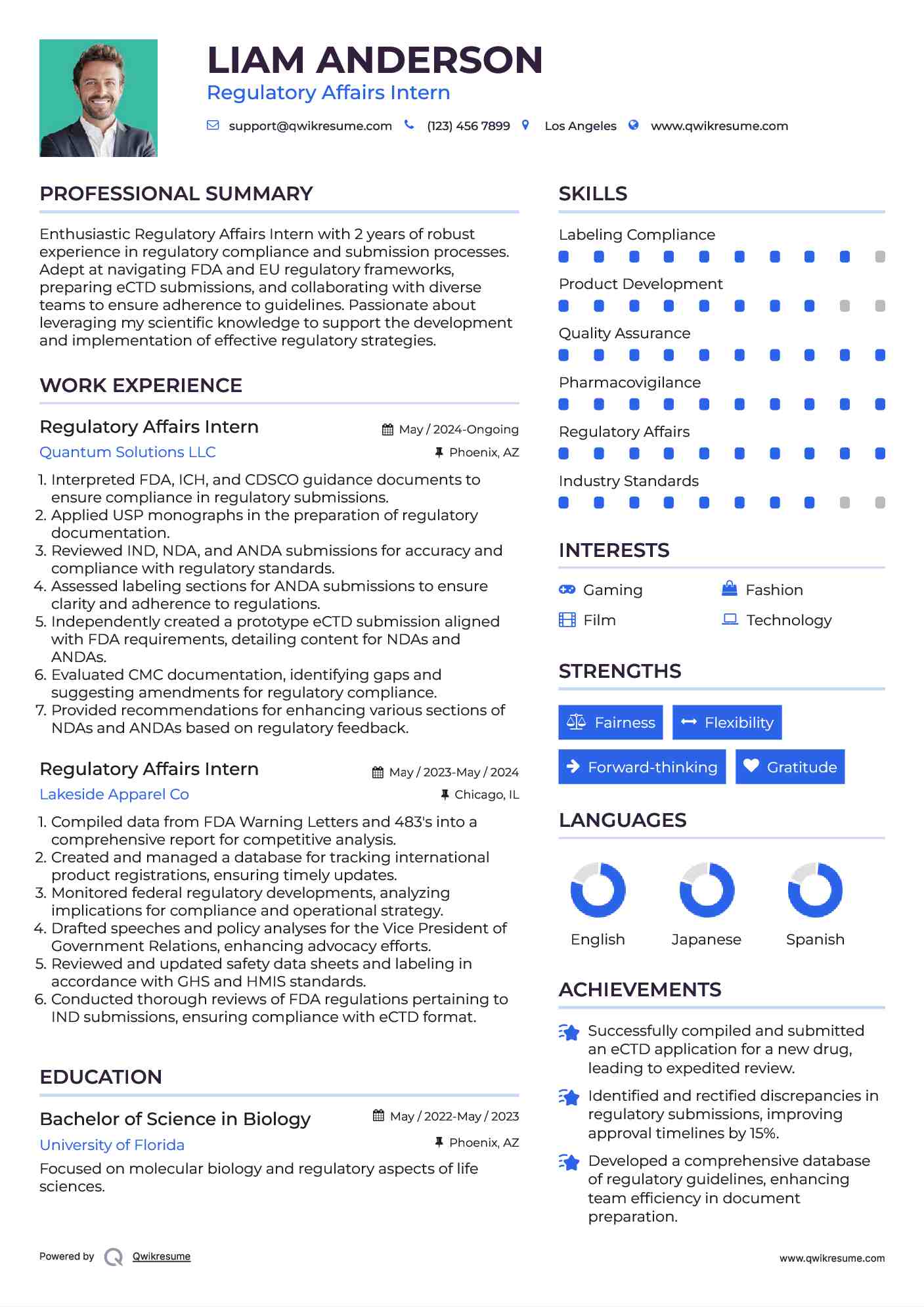 Regulatory Affairs Intern Resume Sample