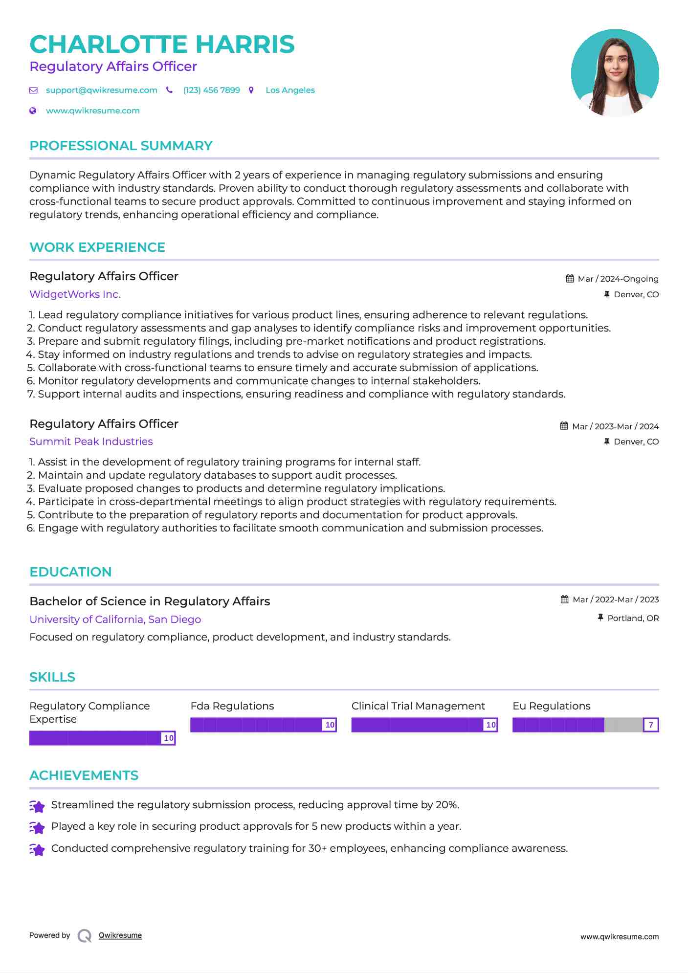 Regulatory Affairs Officer Resume Example