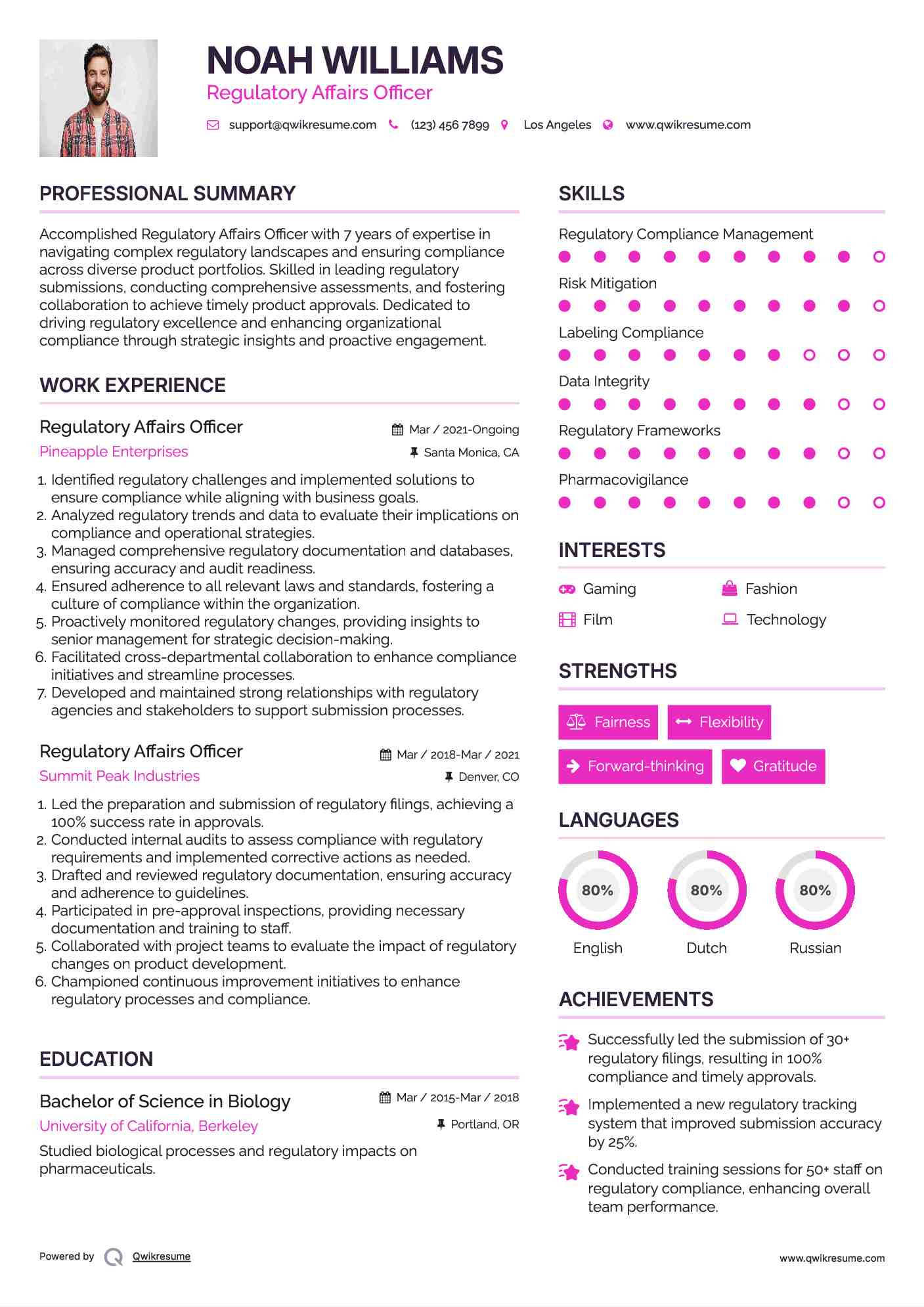 Regulatory Affairs Officer Resume Sample