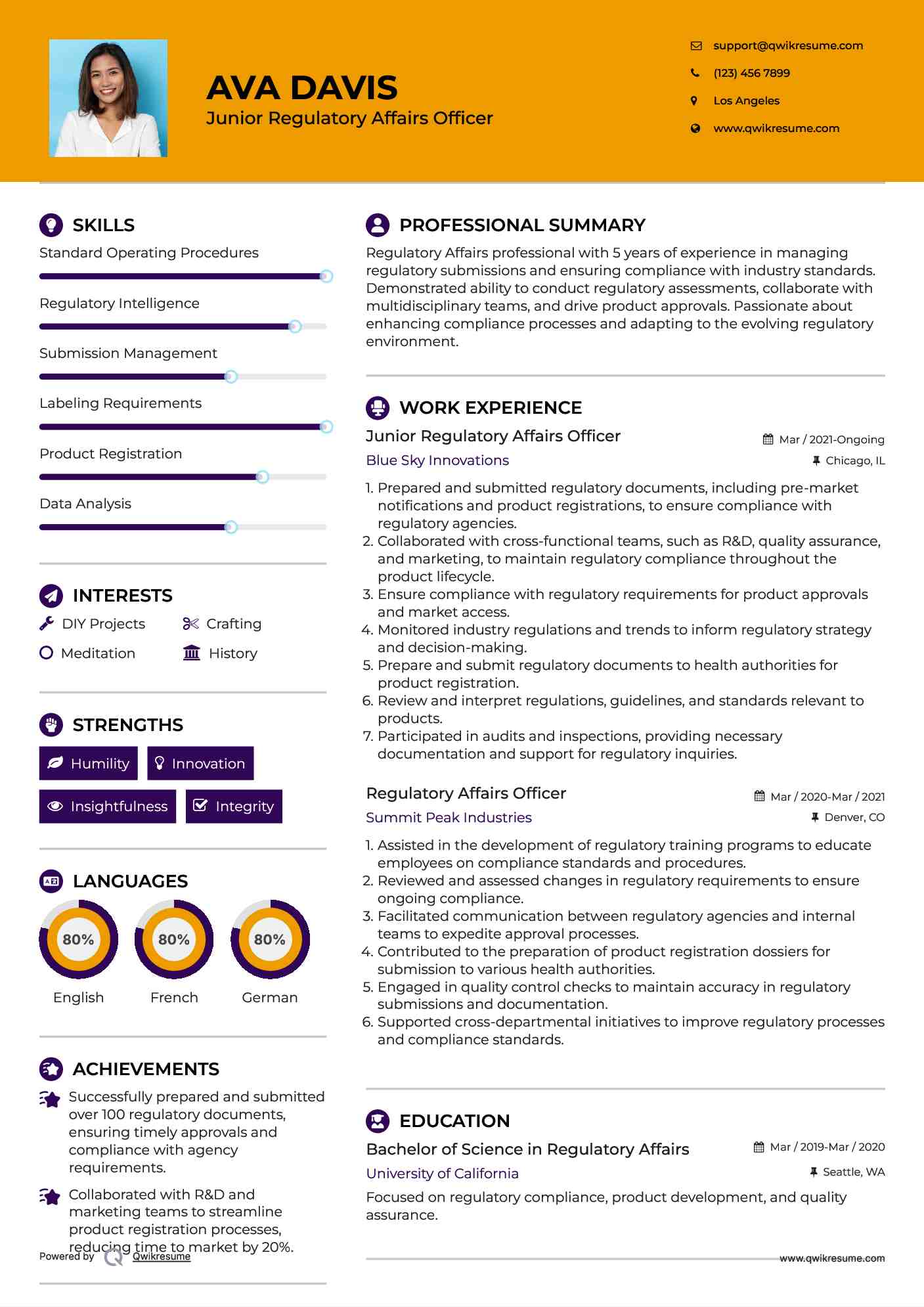 Junior Regulatory Affairs Officer Resume Template