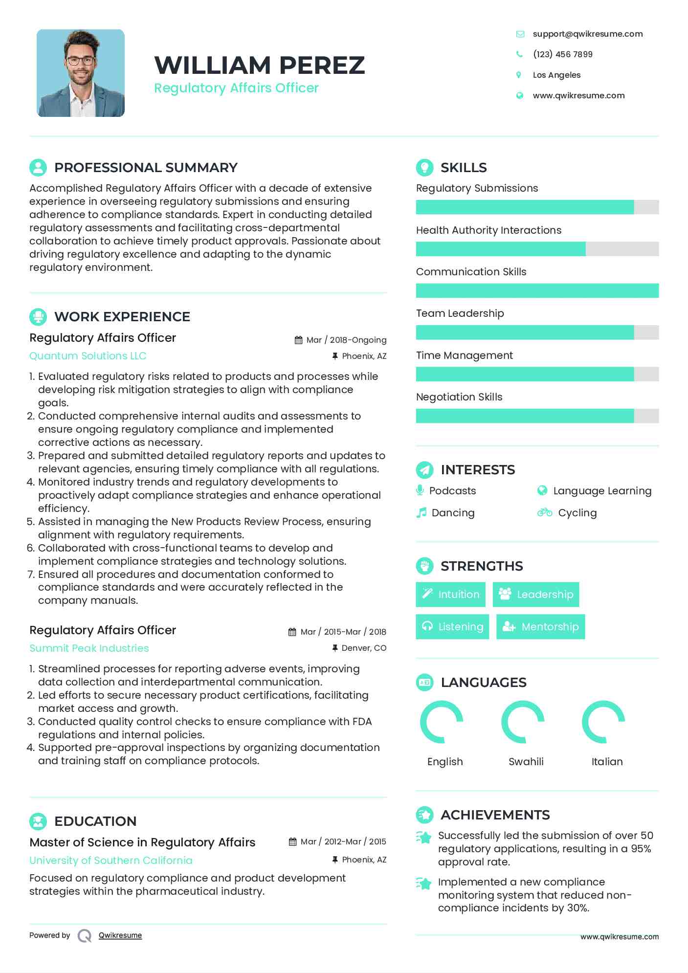 Regulatory Affairs Officer Resume Format