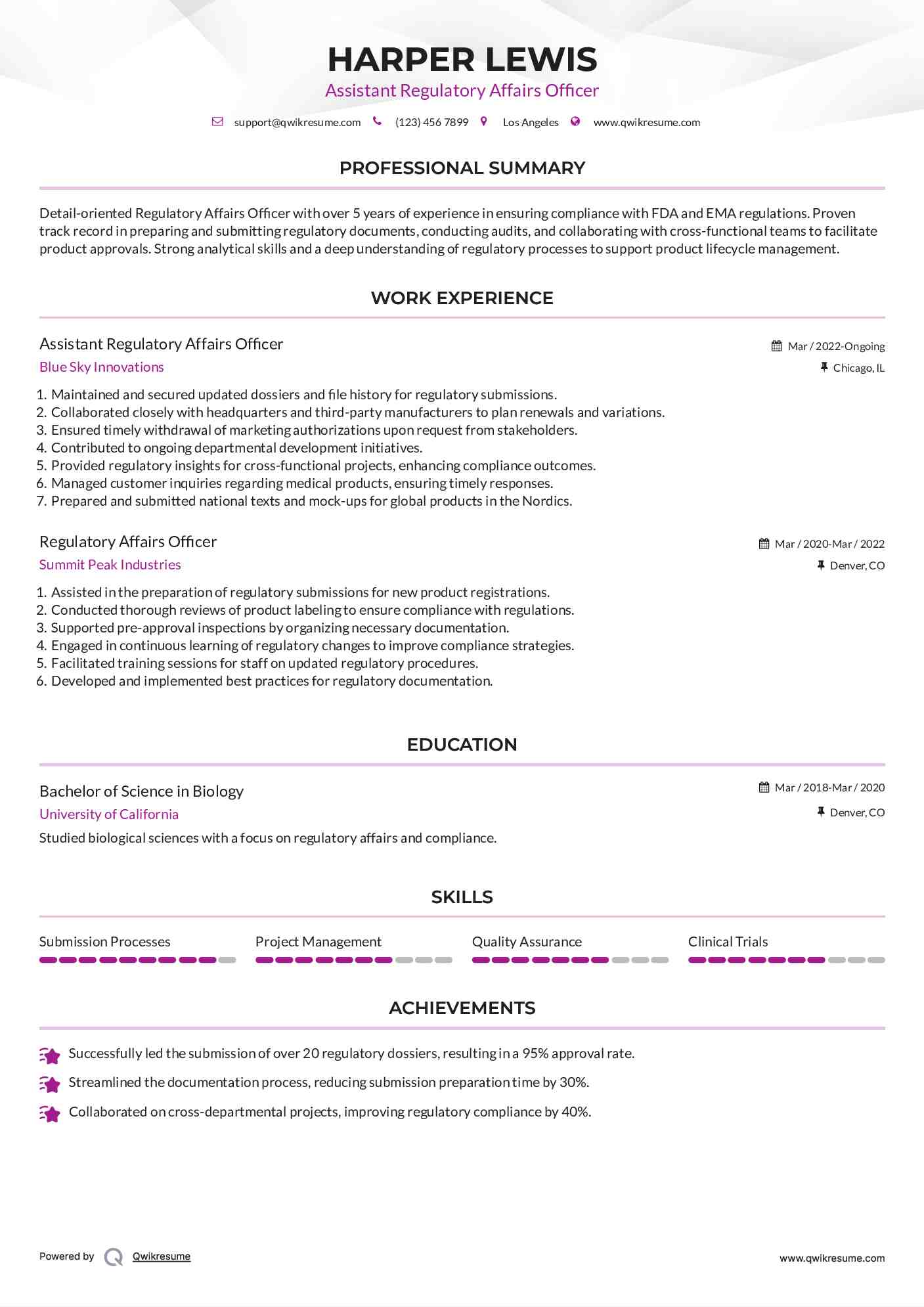Assistant Regulatory Affairs Officer Resume Format