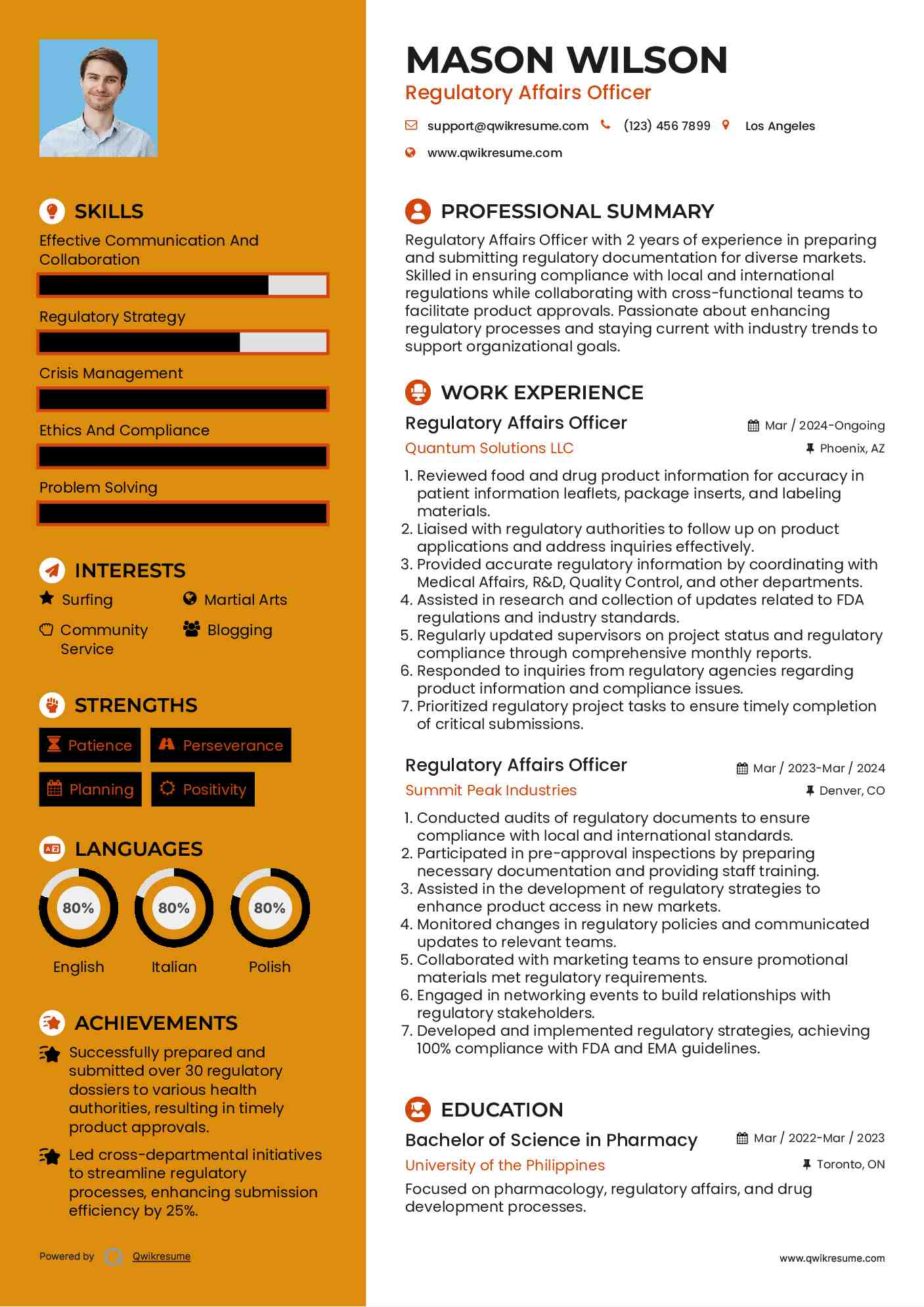 Regulatory Affairs Officer Resume Sample