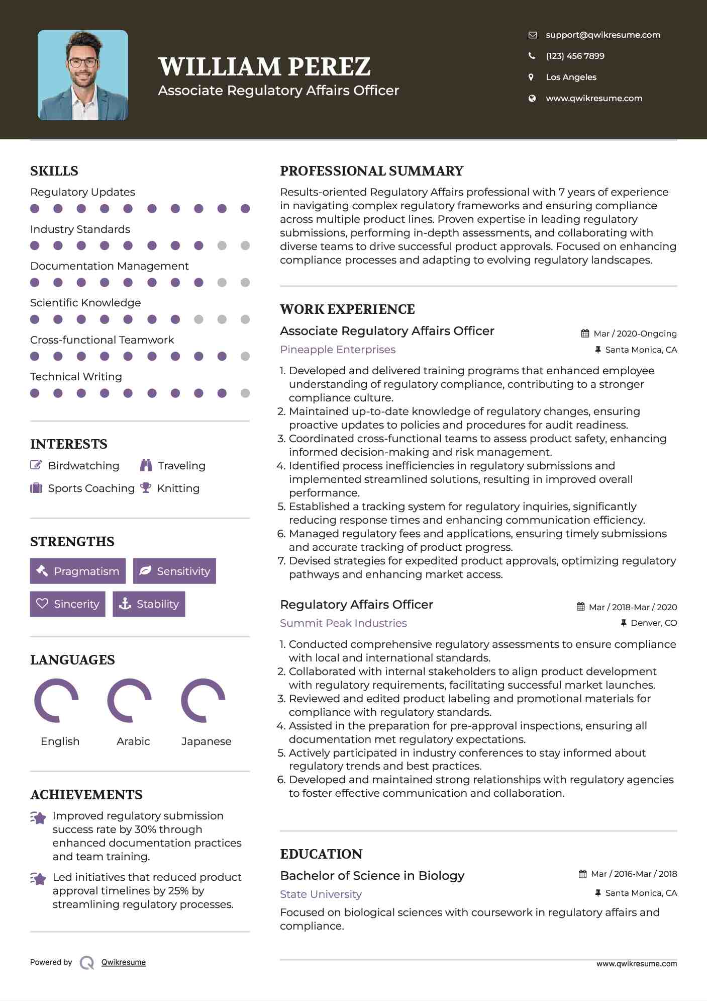 Associate Regulatory Affairs Officer Resume Sample