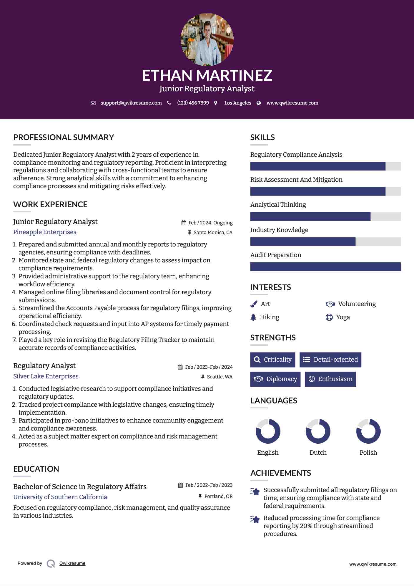 Junior Regulatory Analyst Resume Model