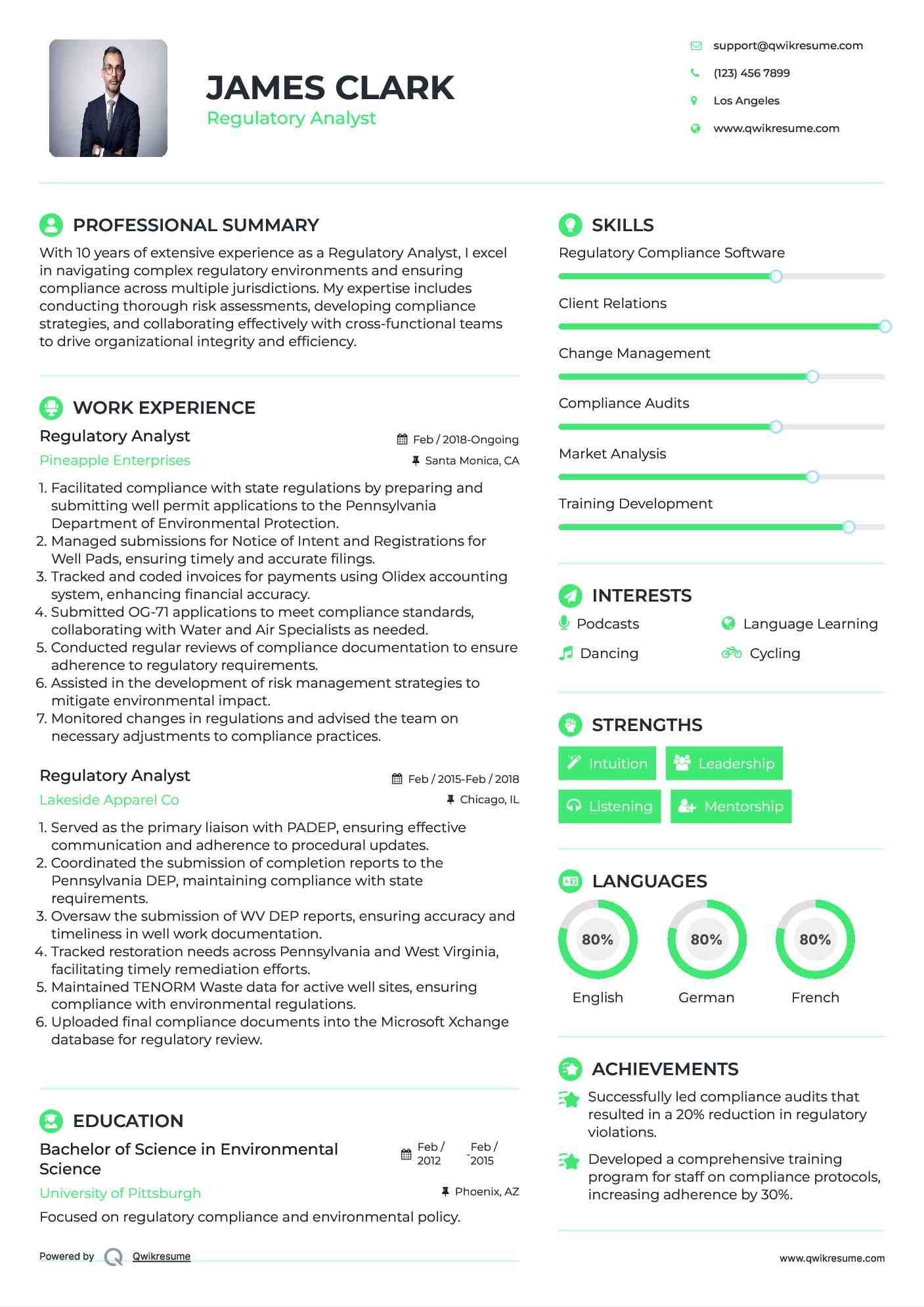 Regulatory Analyst Resume Sample