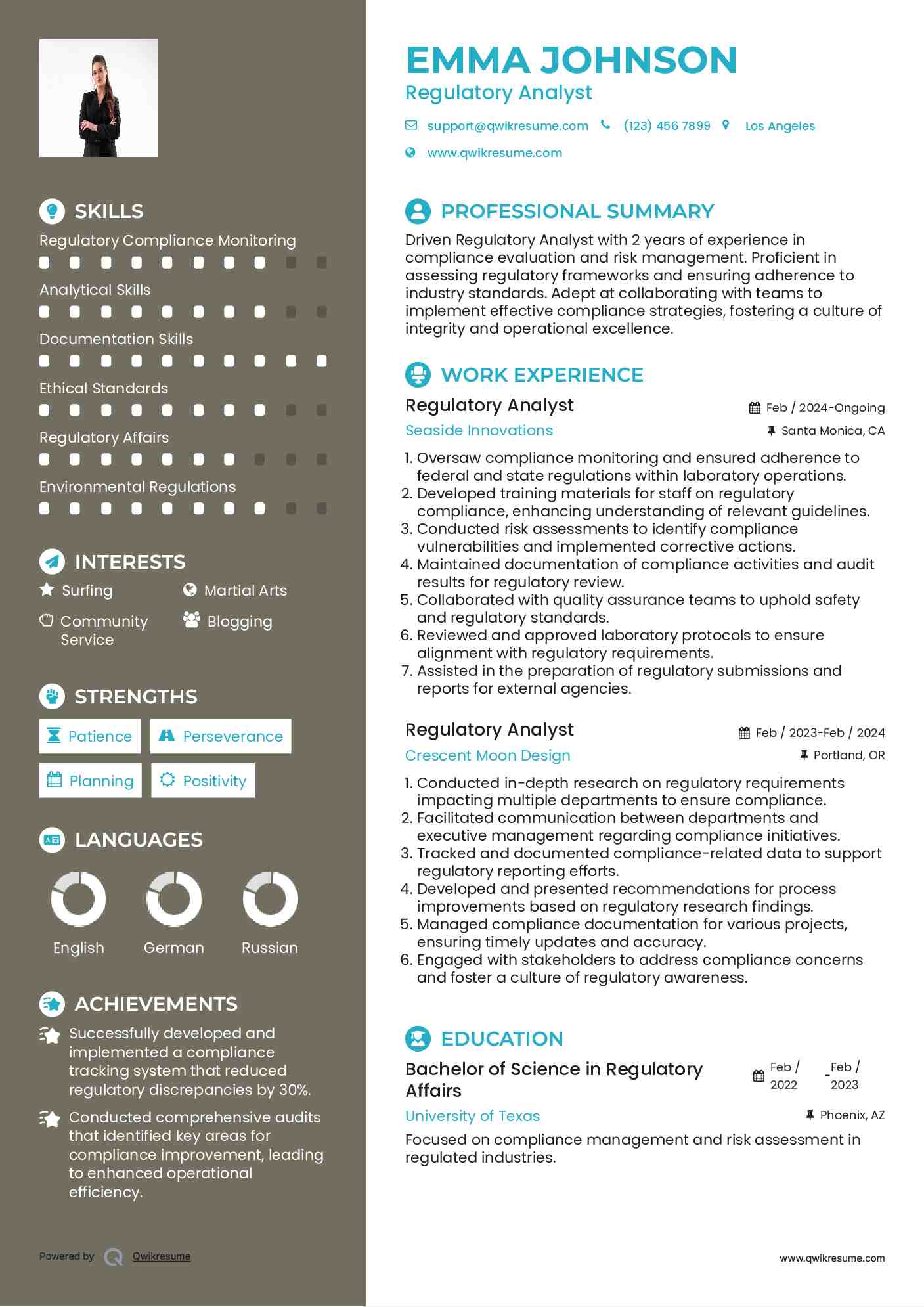 Regulatory Analyst Resume Model