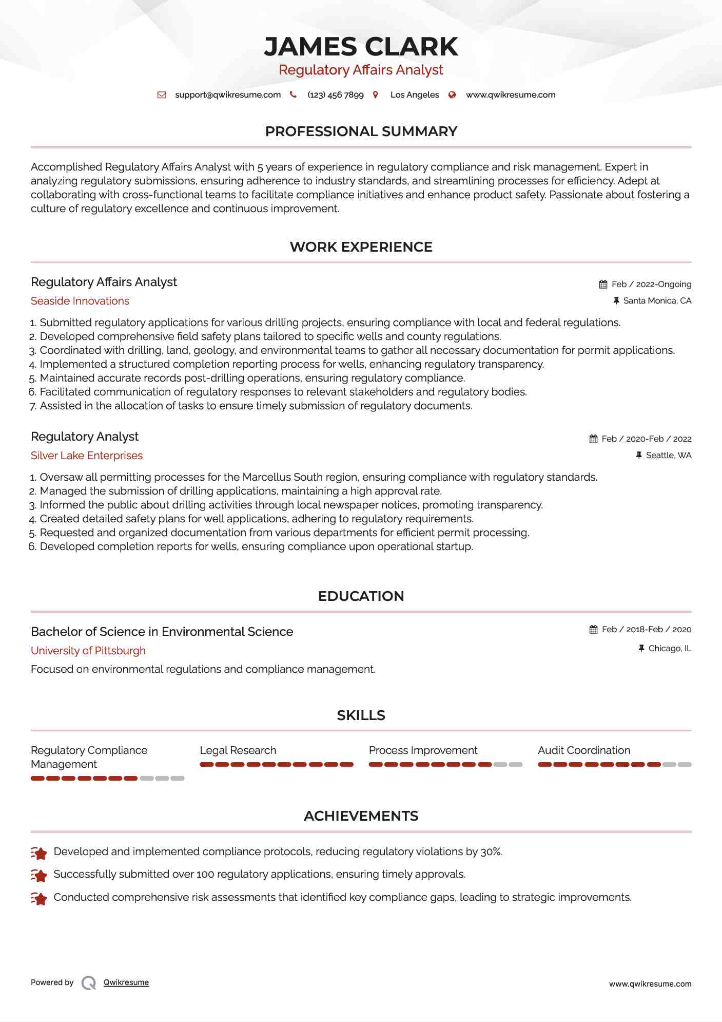 Regulatory Affairs Analyst Resume Sample
