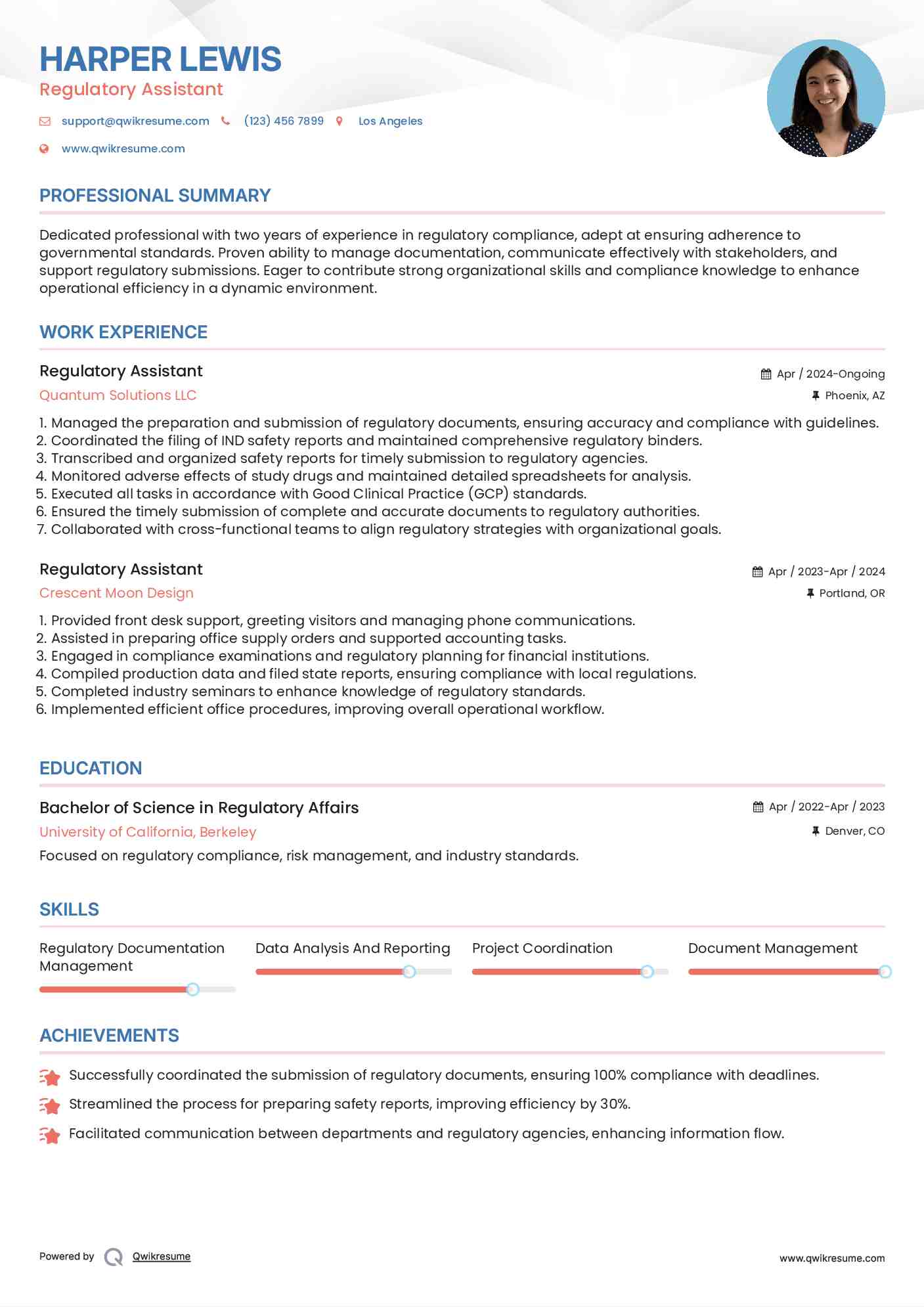 Regulatory Assistant Resume Example