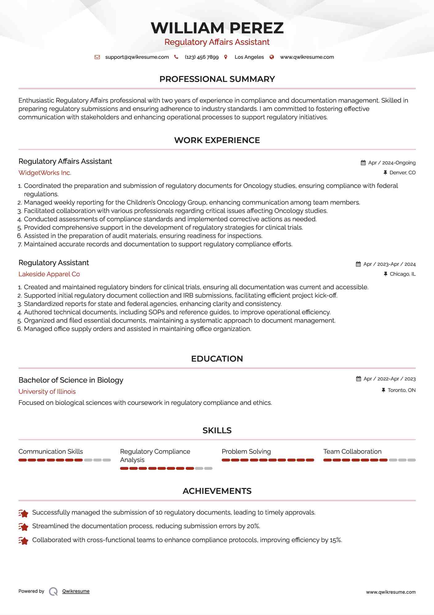Regulatory Assistant Resume Samples QwikResume