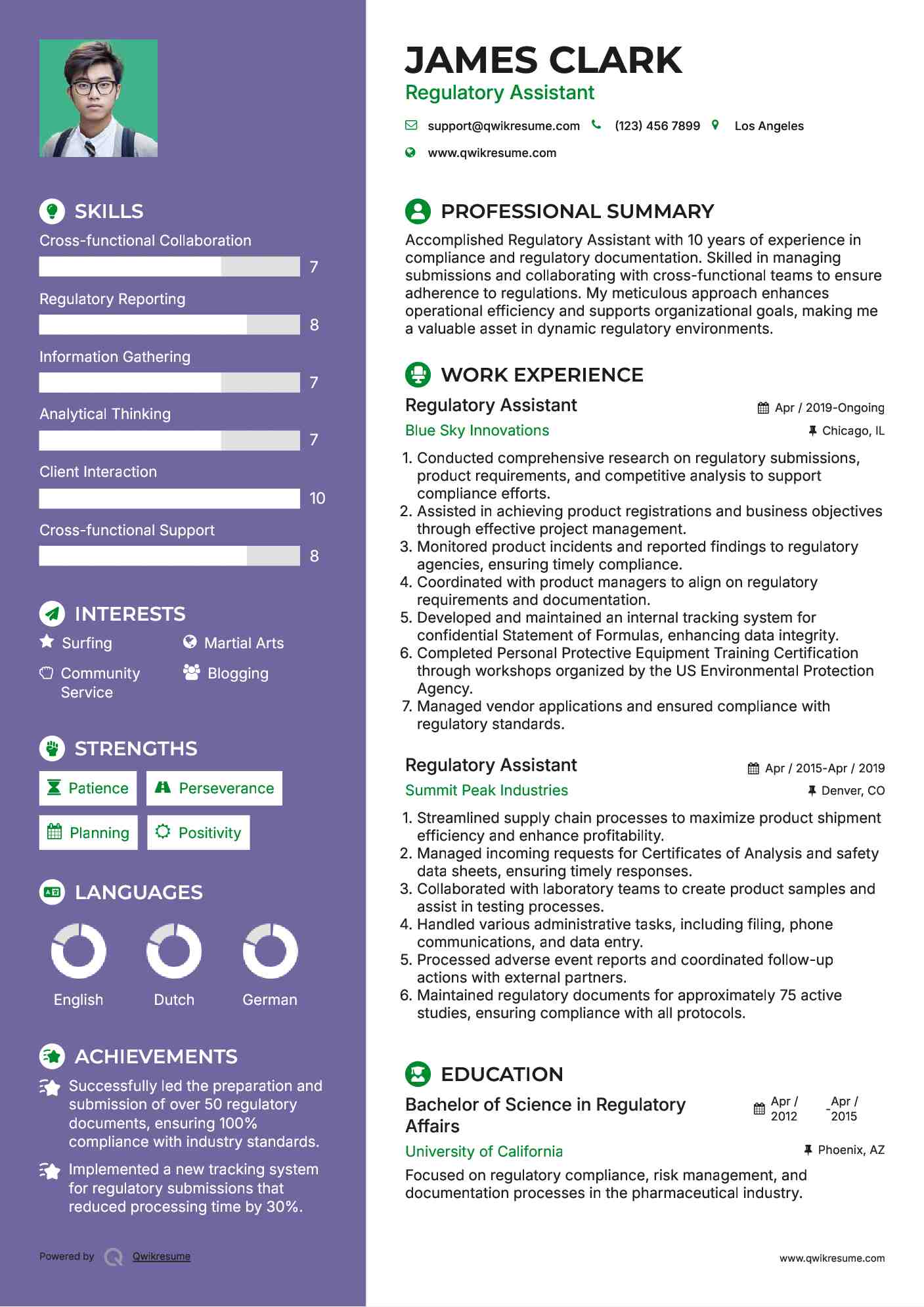 Regulatory Assistant Resume Sample