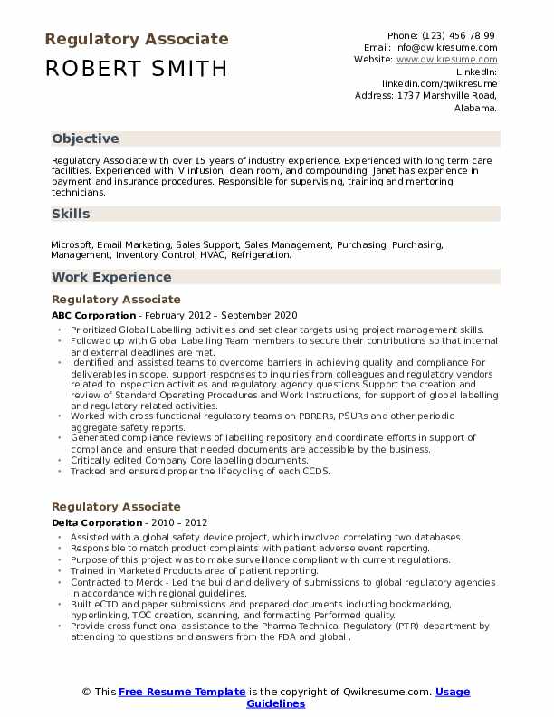 Regulatory Associate Resume Samples QwikResume