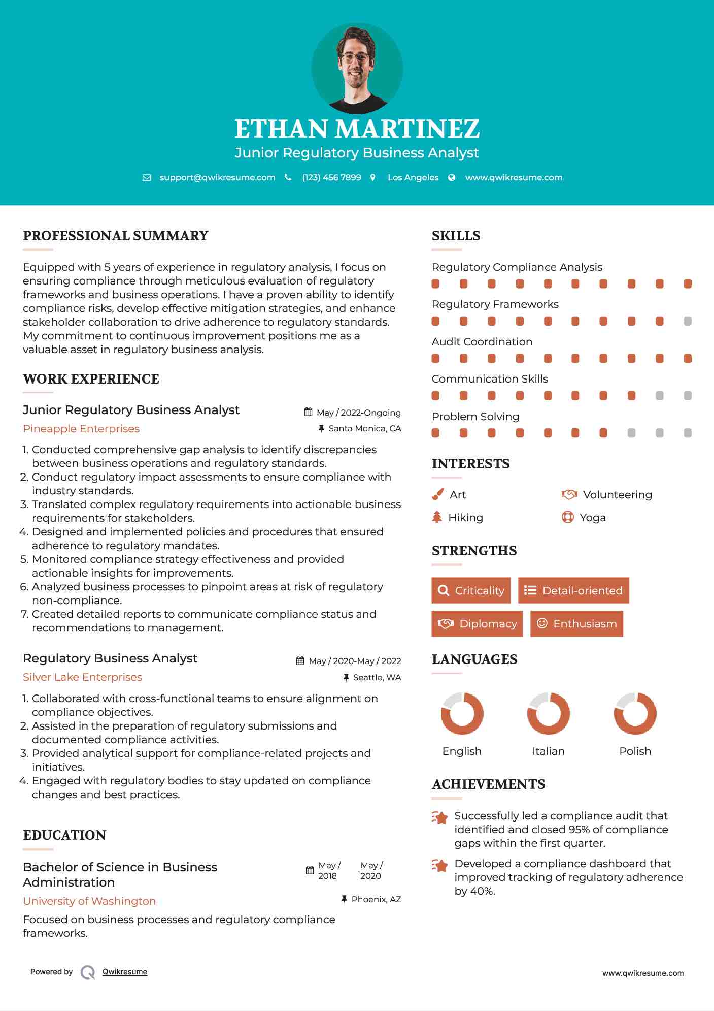 Junior Regulatory Business Analyst Resume Sample