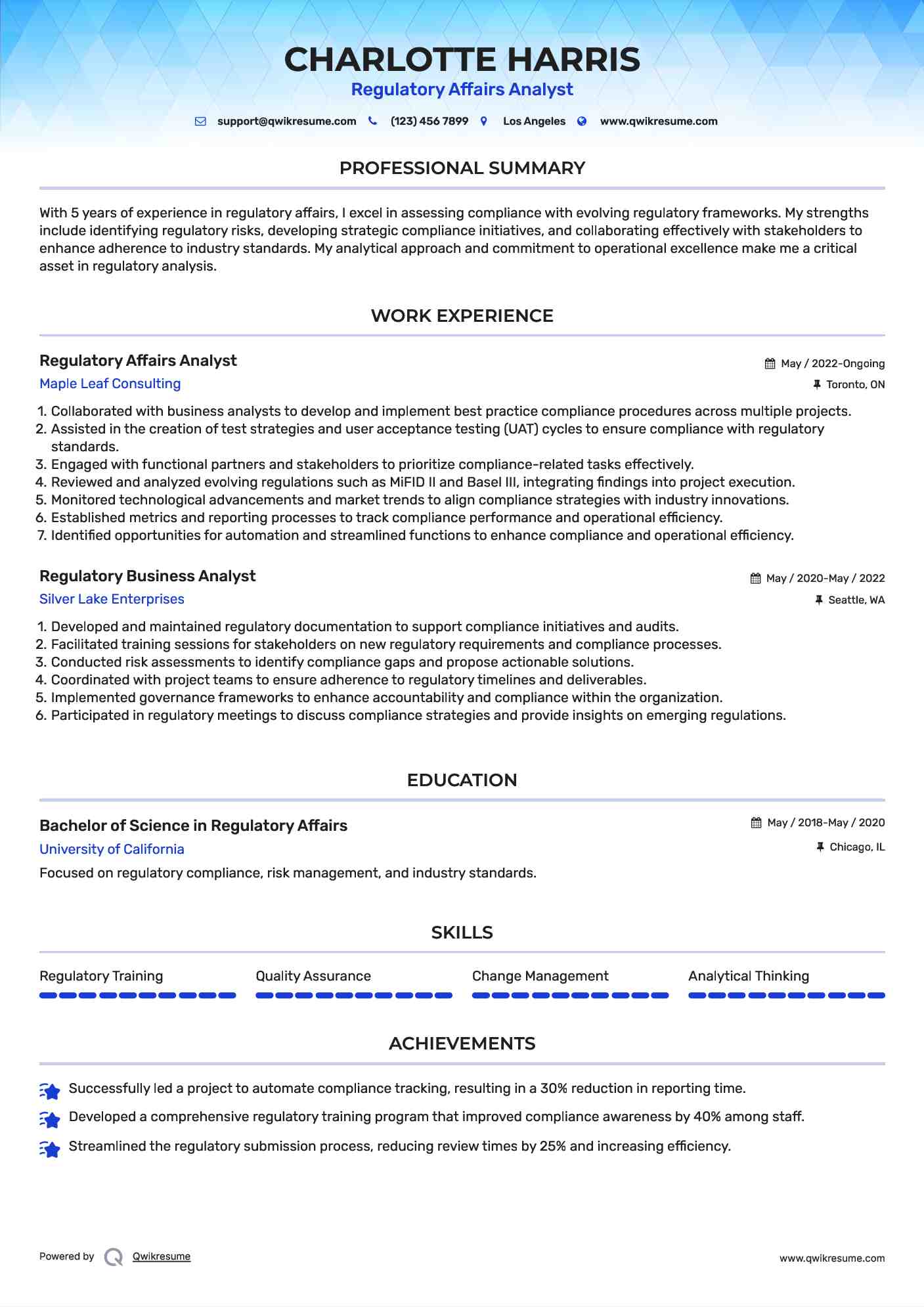 Regulatory Affairs Analyst Resume Format