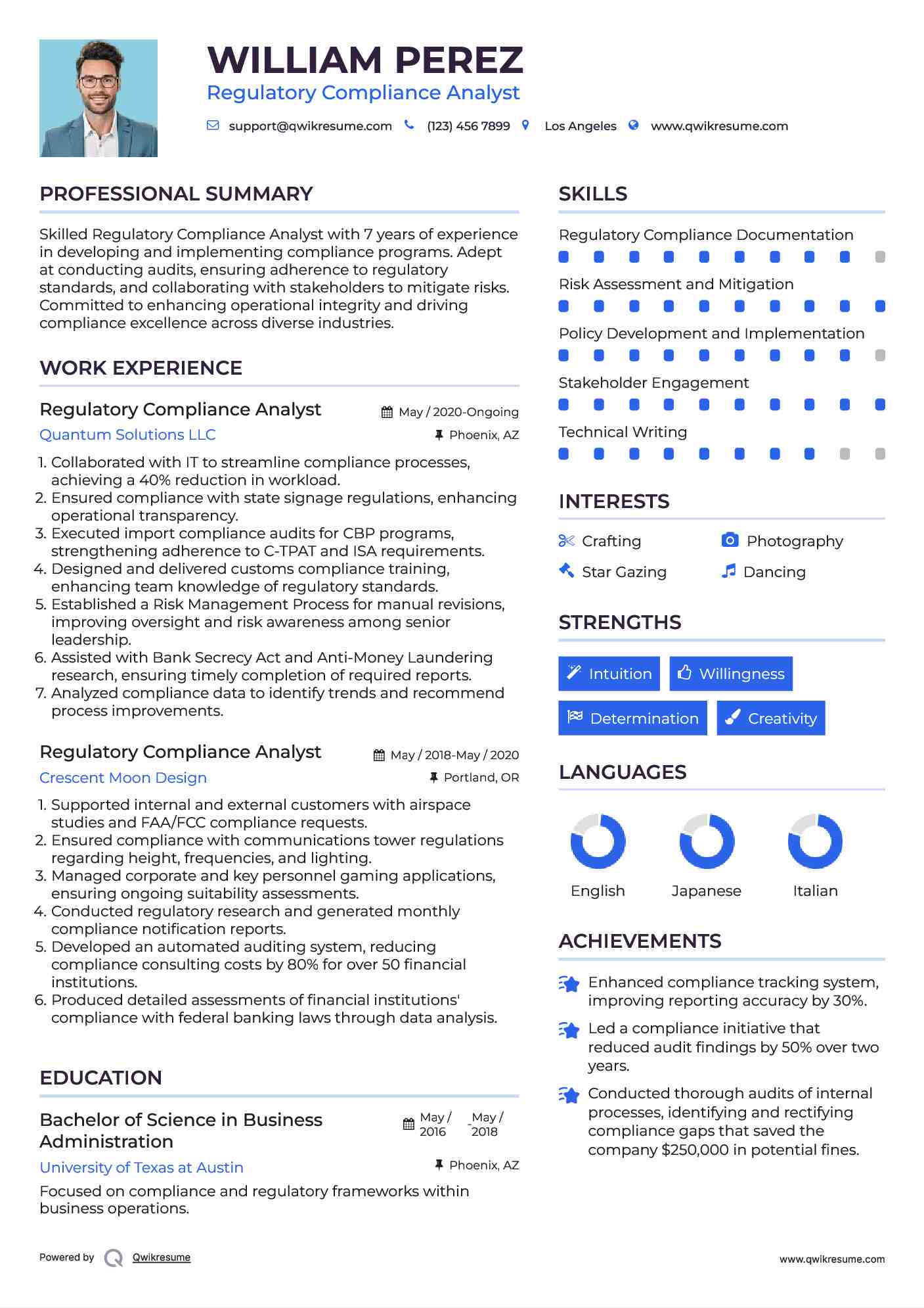 Regulatory Compliance Analyst Resume Example