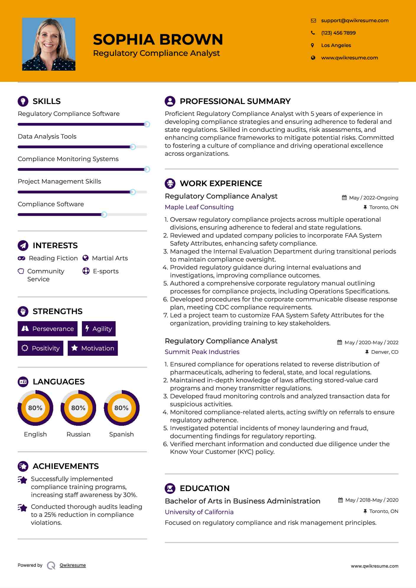 Regulatory Compliance Analyst Resume Example