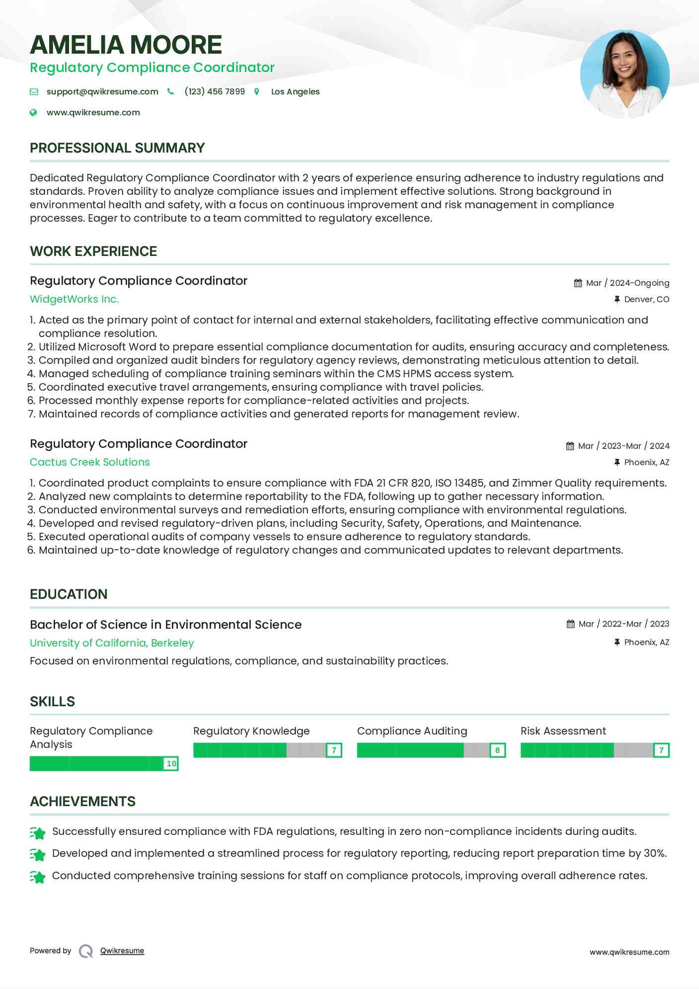Regulatory Compliance Coordinator Resume Template
