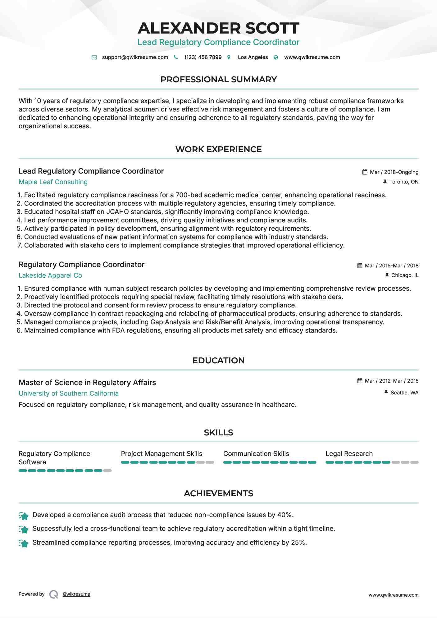 Lead Regulatory Compliance Coordinator Resume Example