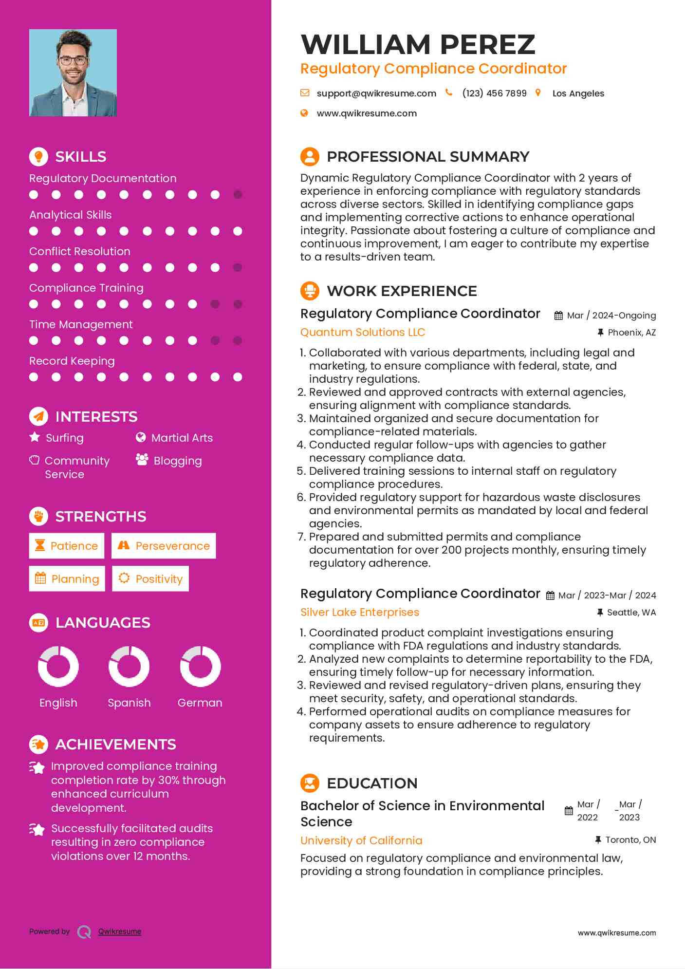 Regulatory Compliance Coordinator Resume Example