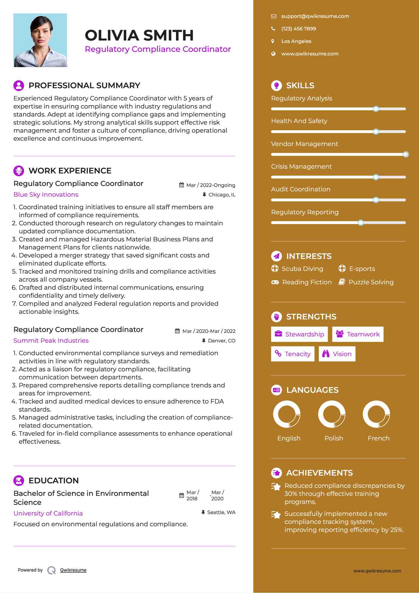 Regulatory Compliance Coordinator Resume Format