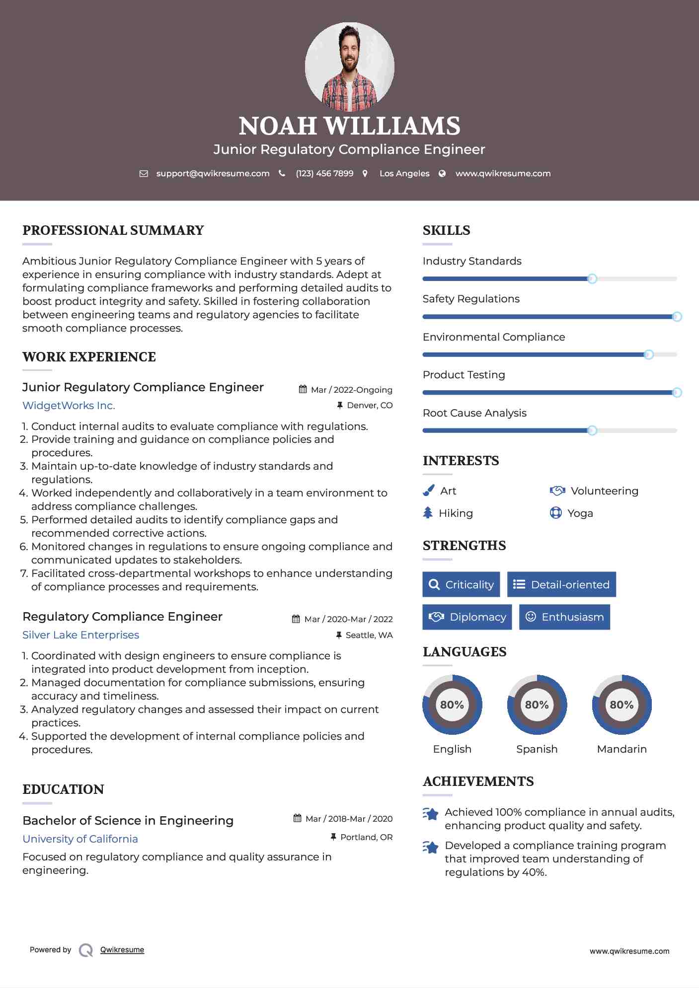 Junior Regulatory Compliance Engineer Resume Model