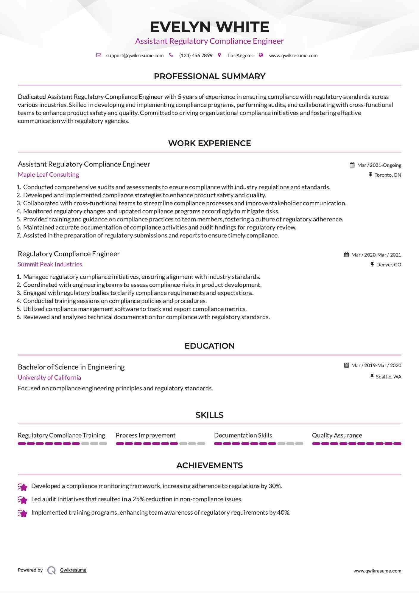 Assistant Regulatory Compliance Engineer Resume Format