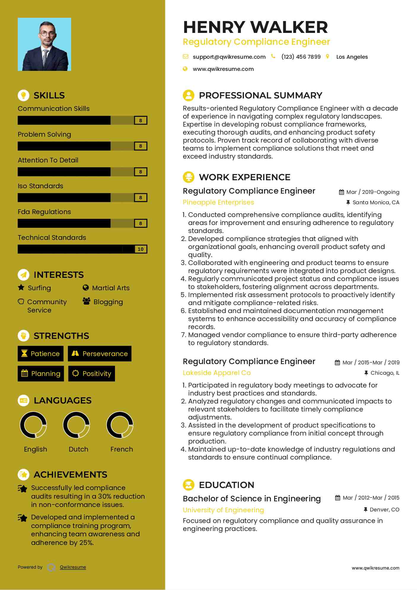 Regulatory Compliance Engineer Resume Example