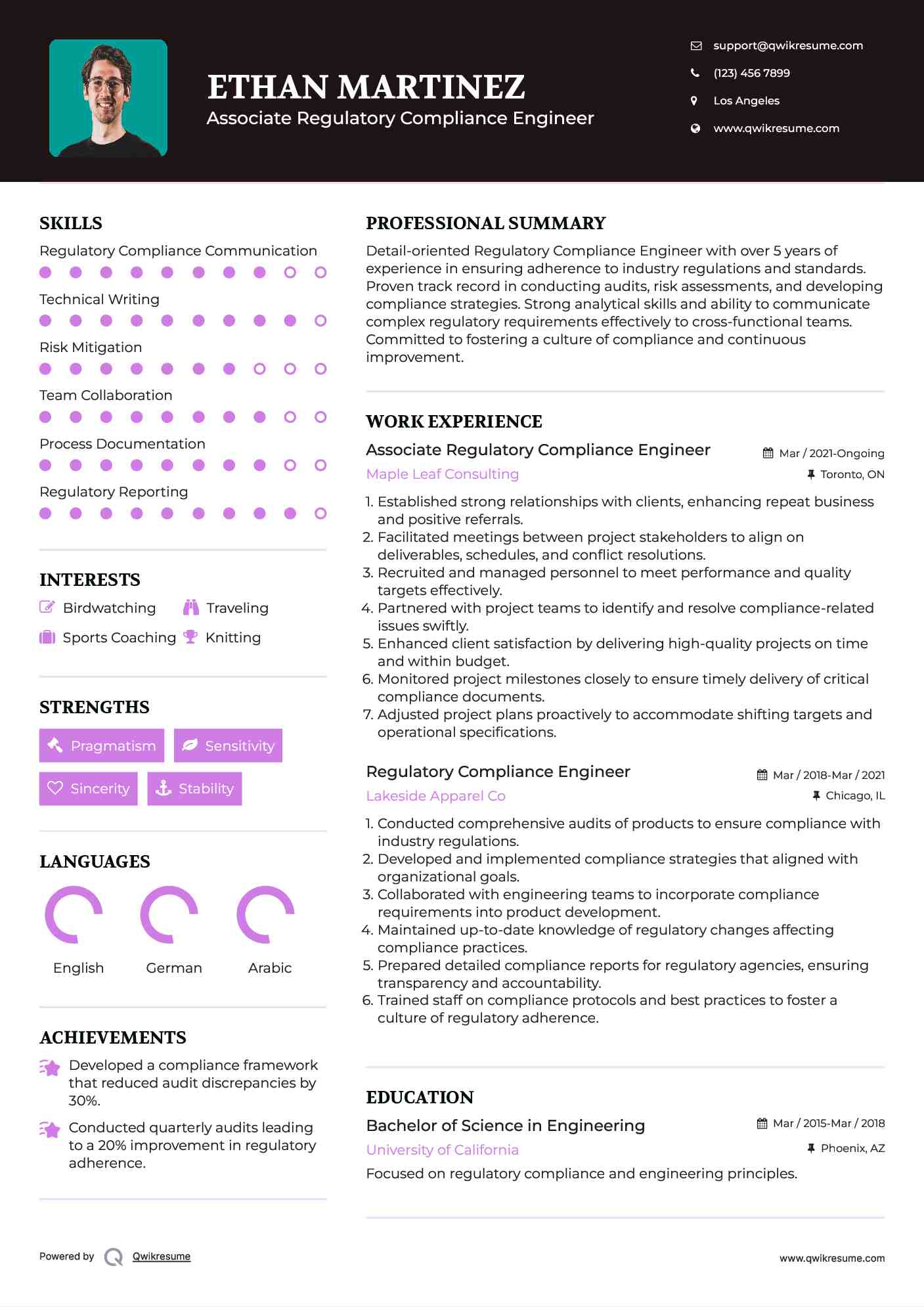 Associate Regulatory Compliance Engineer Resume Template