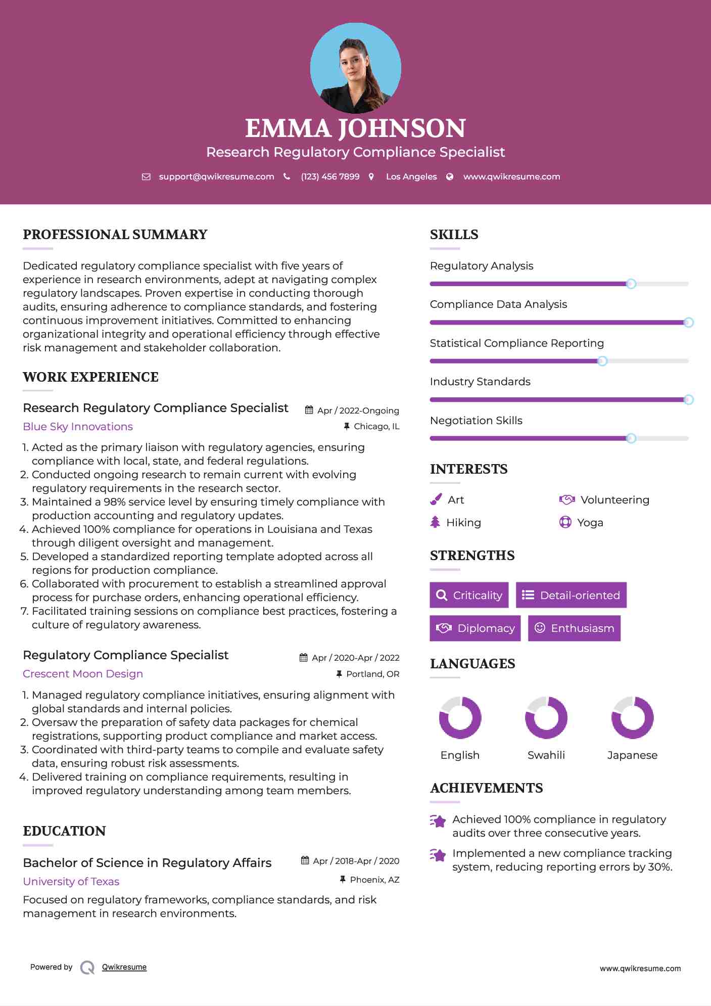 Research Regulatory Compliance Specialist Resume Format