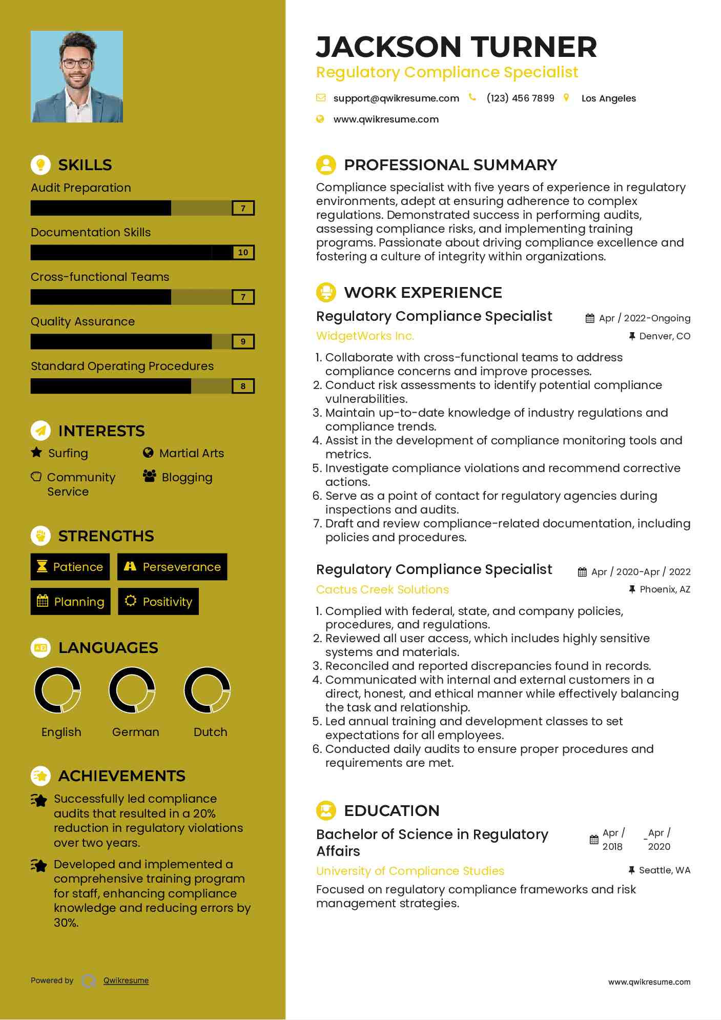 Regulatory Compliance Specialist Resume Sample